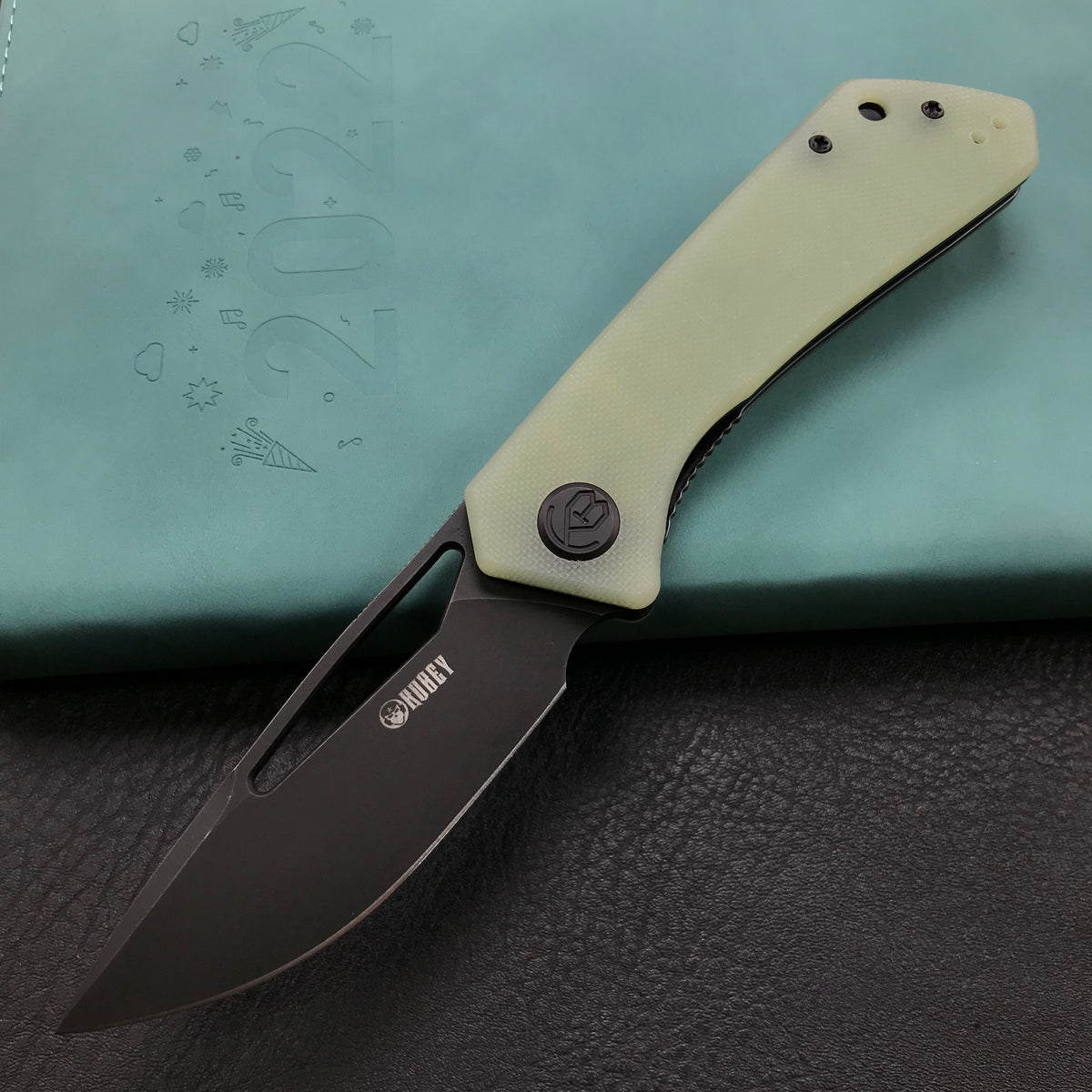 KUBEY KU331E Front Flipper EDC Pocket Folding Knife  Jade G10 Handle 3.27" Dark Stonewashed D2