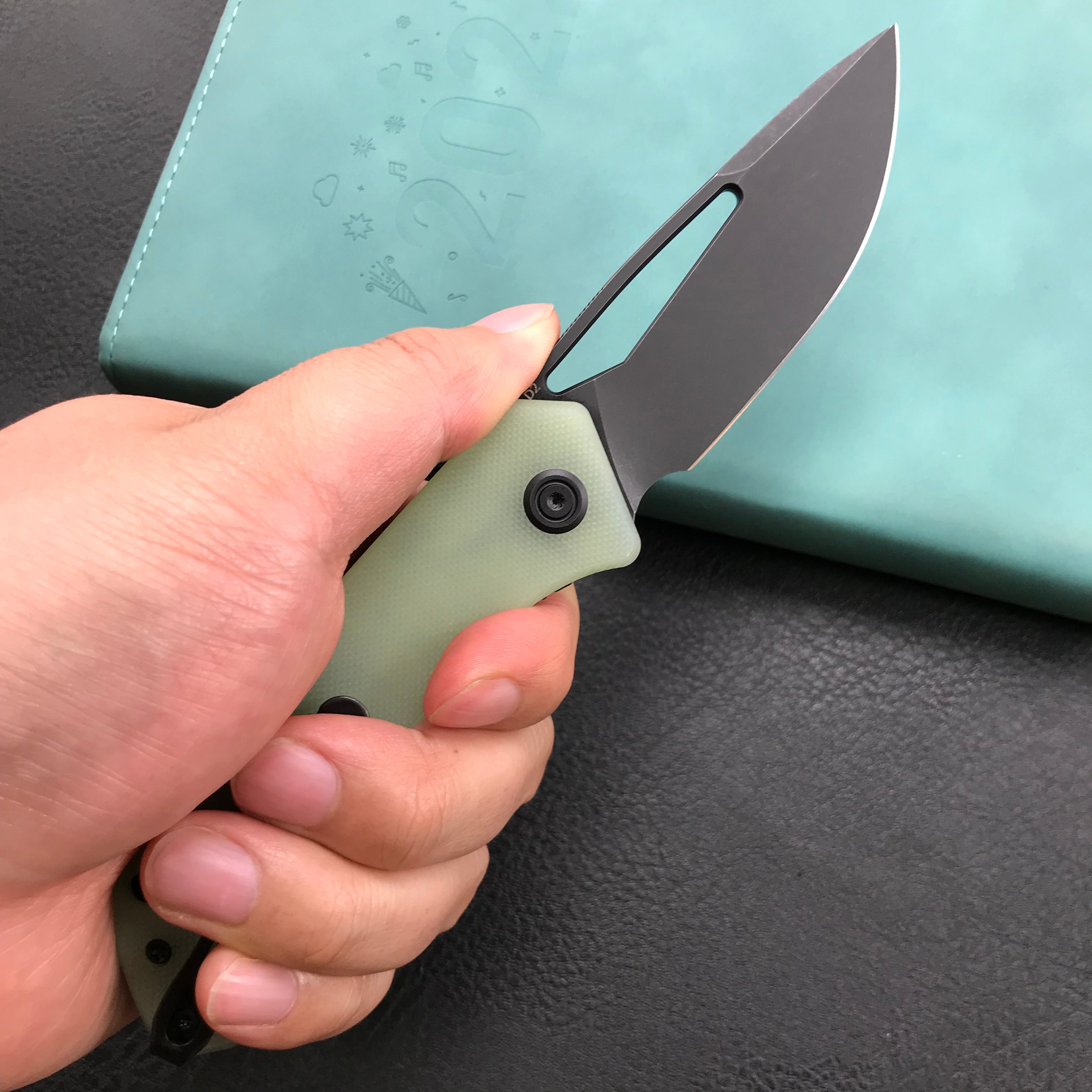 KUBEY KU331E Front Flipper EDC Pocket Folding Knife  Jade G10 Handle 3.27" Dark Stonewashed D2