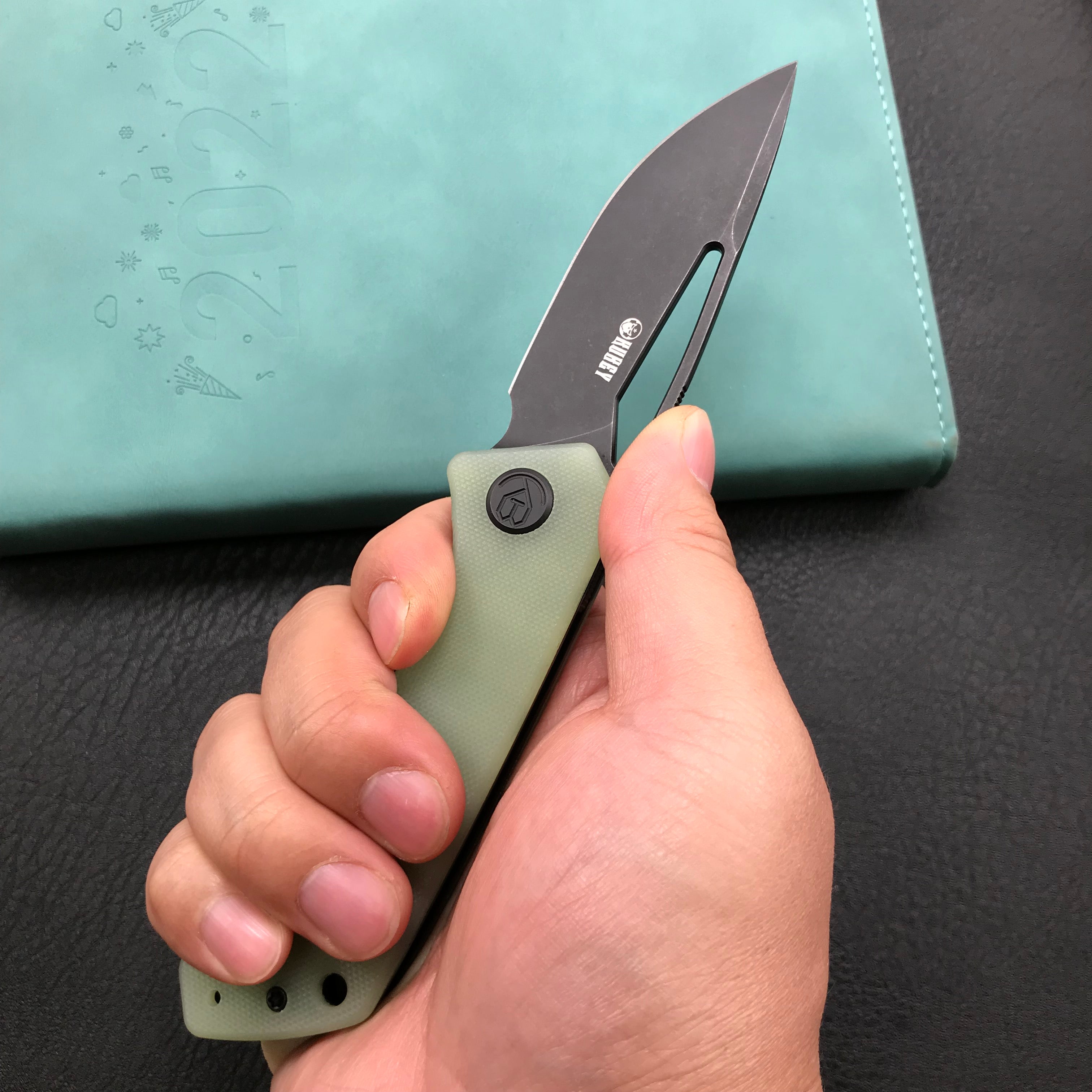 KUBEY KU331E Front Flipper EDC Pocket Folding Knife  Jade G10 Handle 3.27" Dark Stonewashed D2