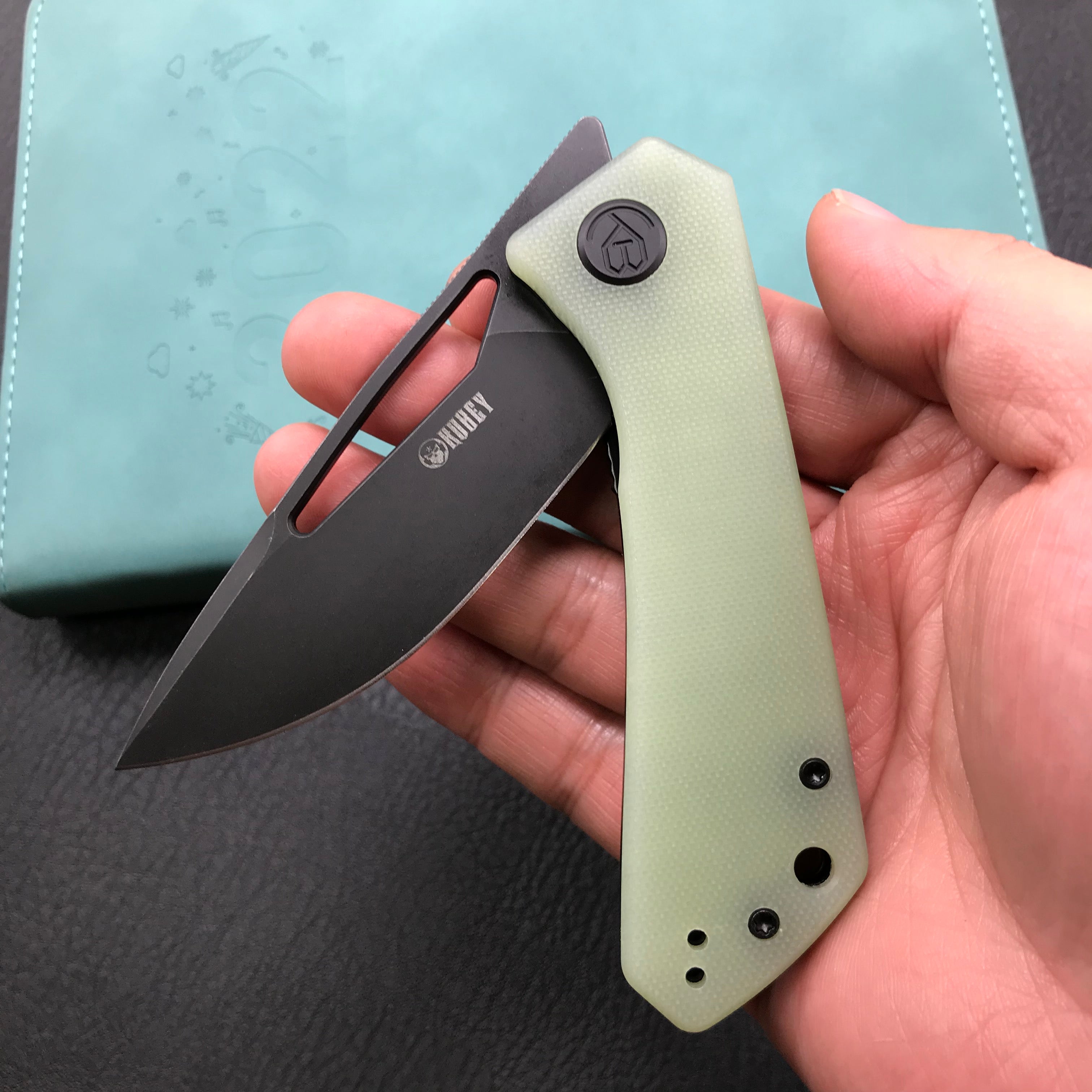 KUBEY KU331E Front Flipper EDC Pocket Folding Knife  Jade G10 Handle 3.27" Dark Stonewashed D2