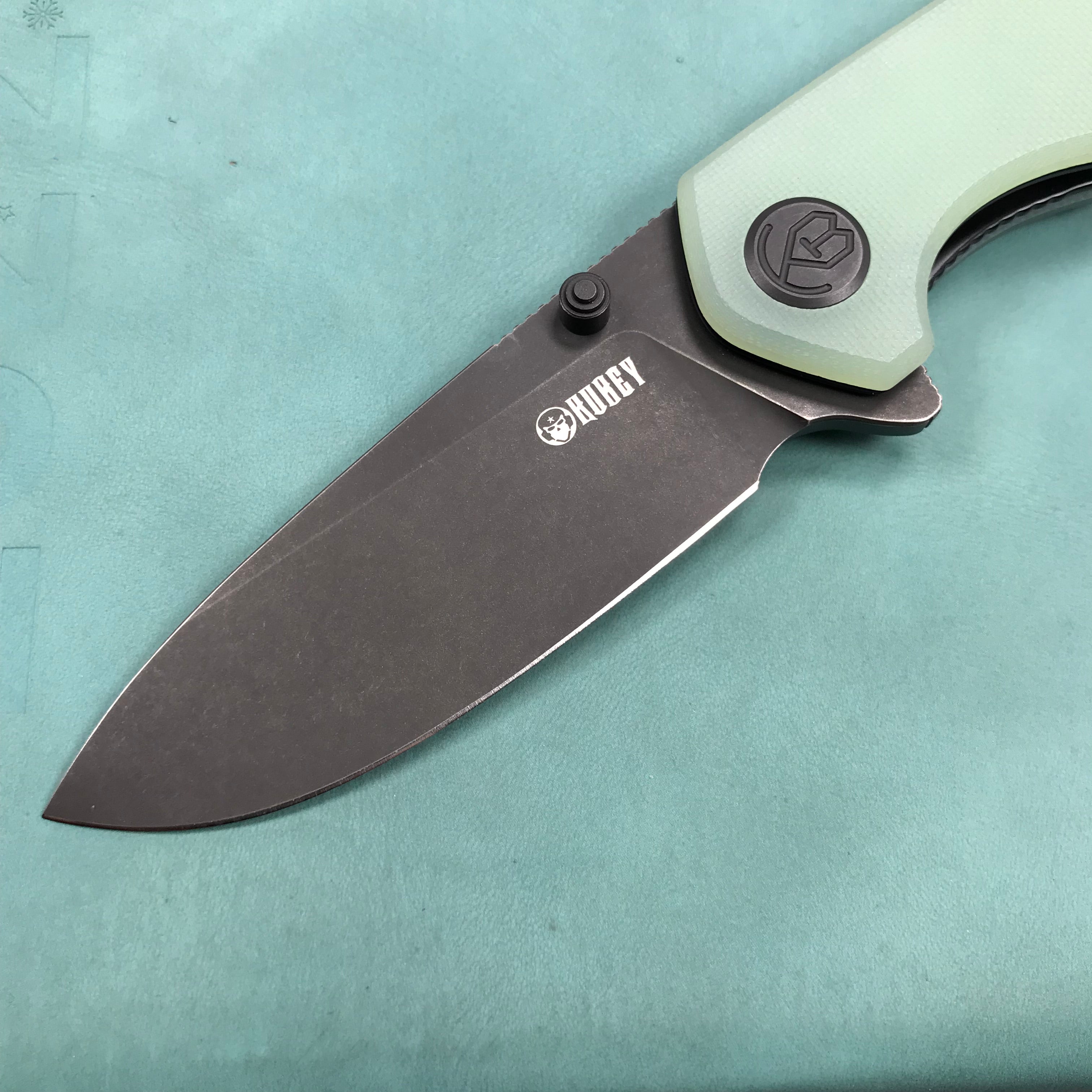 KUBEY KU342B Liner Lock Flipper Outdoor Pocket Knife Jade G10 Handle Black Stonewashe  AUS-10