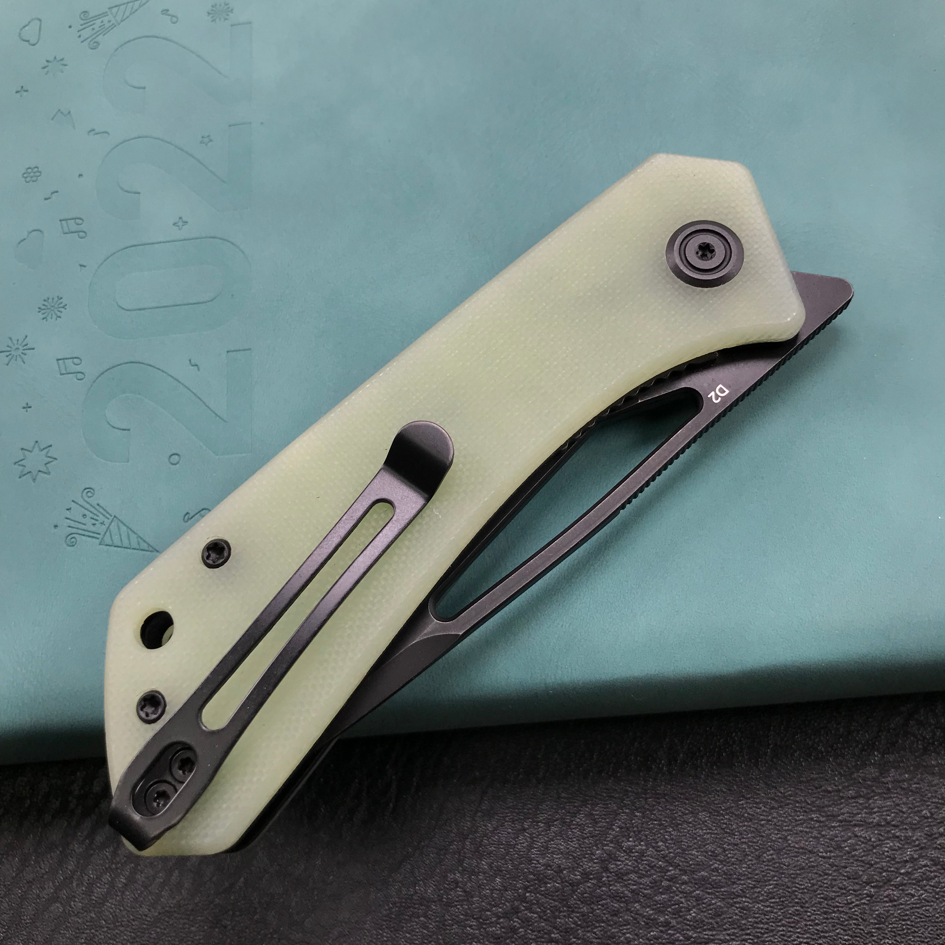 KUBEY KU331E Front Flipper EDC Pocket Folding Knife  Jade G10 Handle 3.27" Dark Stonewashed D2