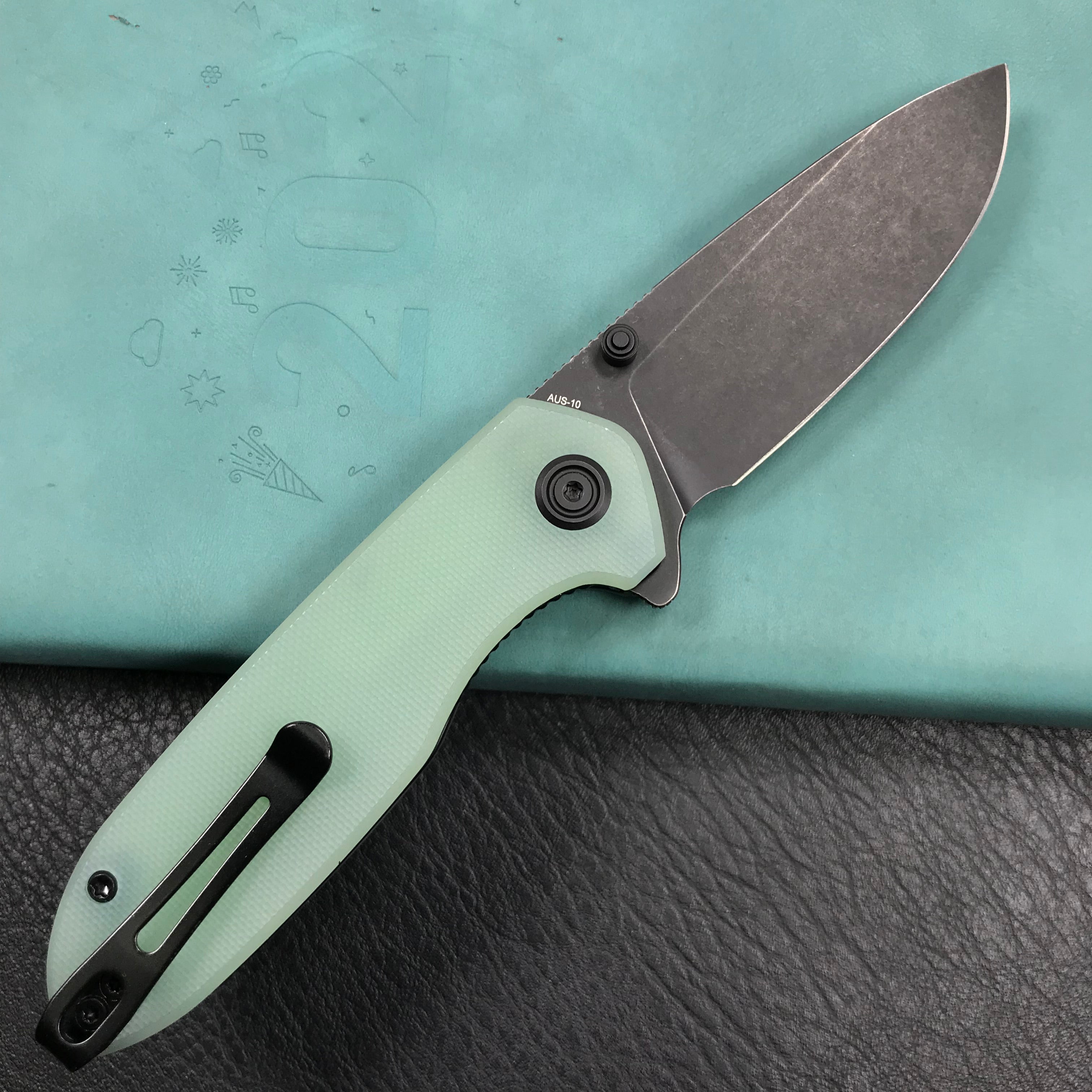 KUBEY KU342B Liner Lock Flipper Outdoor Pocket Knife Jade G10 Handle Black Stonewashe  AUS-10