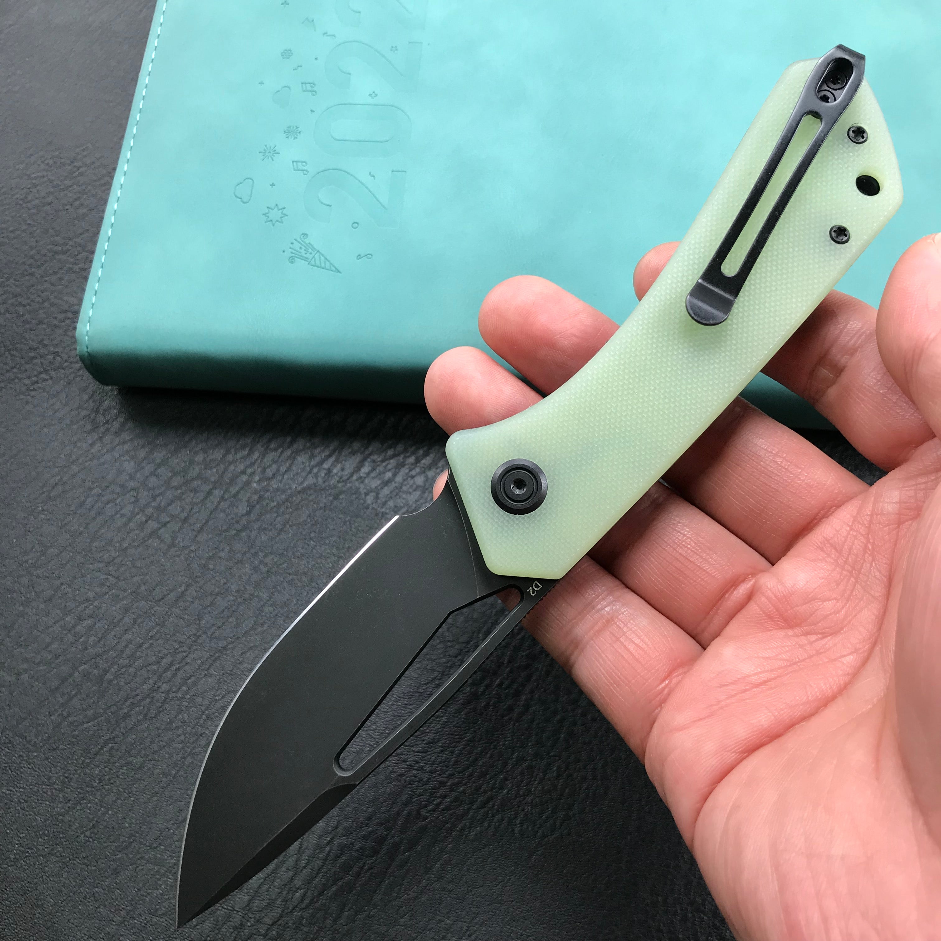 KUBEY KU331E Front Flipper EDC Pocket Folding Knife  Jade G10 Handle 3.27" Dark Stonewashed D2