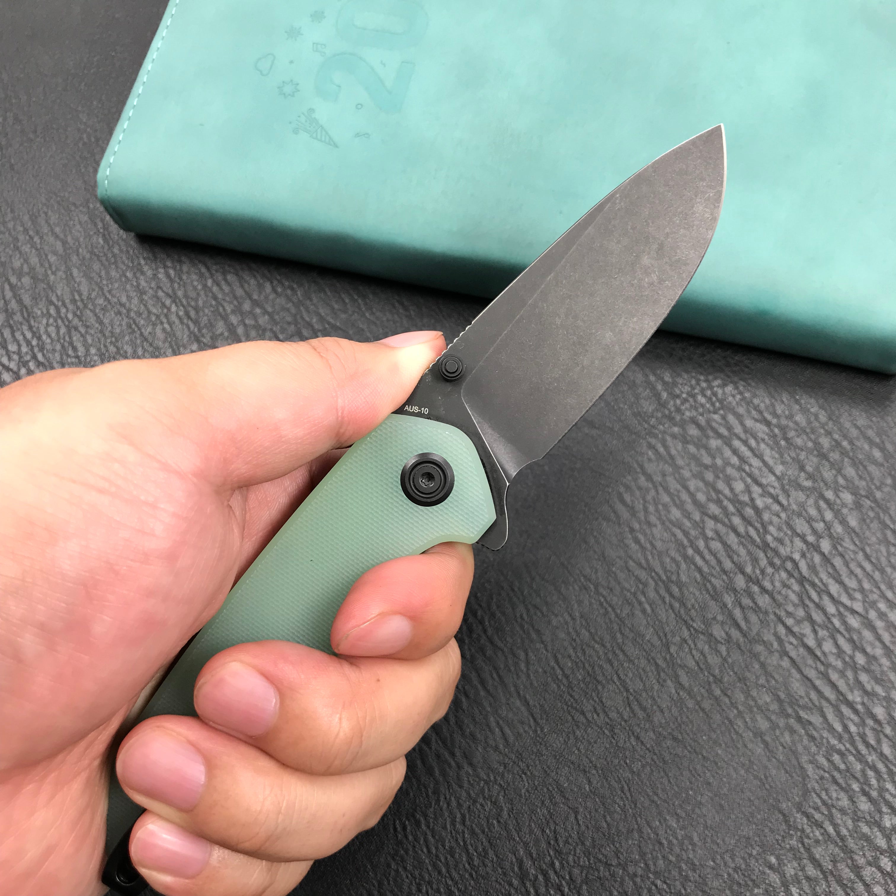 KUBEY KU342B Liner Lock Flipper Outdoor Pocket Knife Jade G10 Handle Black Stonewashe  AUS-10