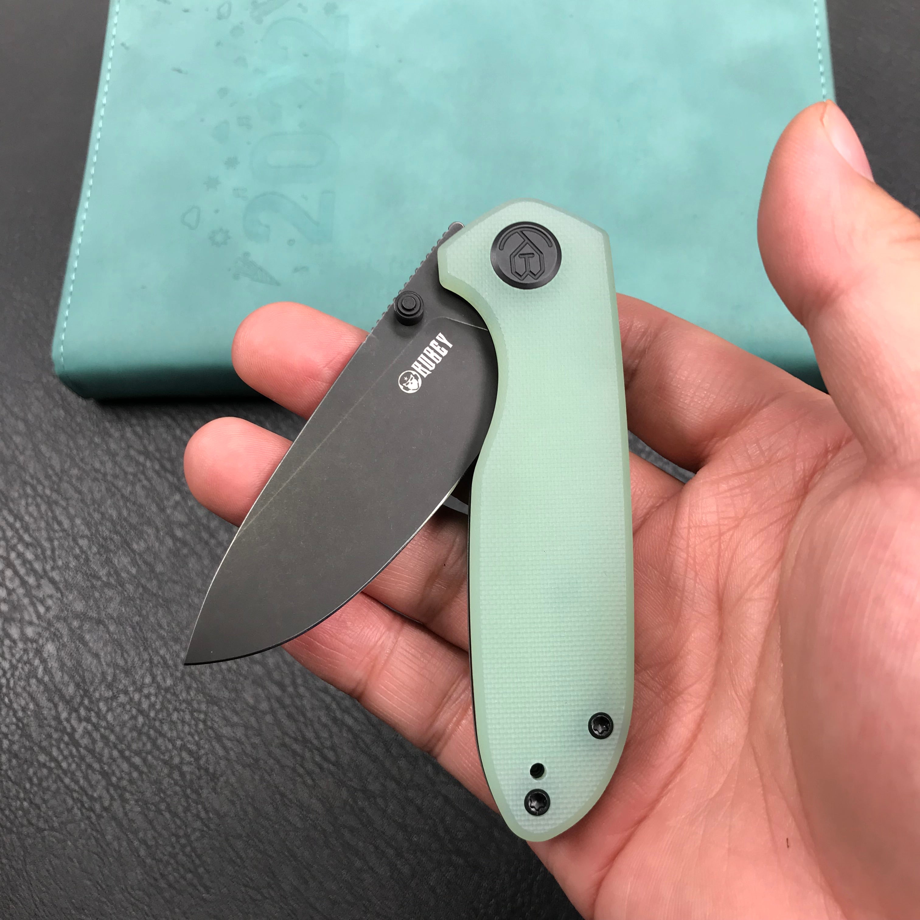 KUBEY KU342B Liner Lock Flipper Outdoor Pocket Knife Jade G10 Handle Black Stonewashe  AUS-10