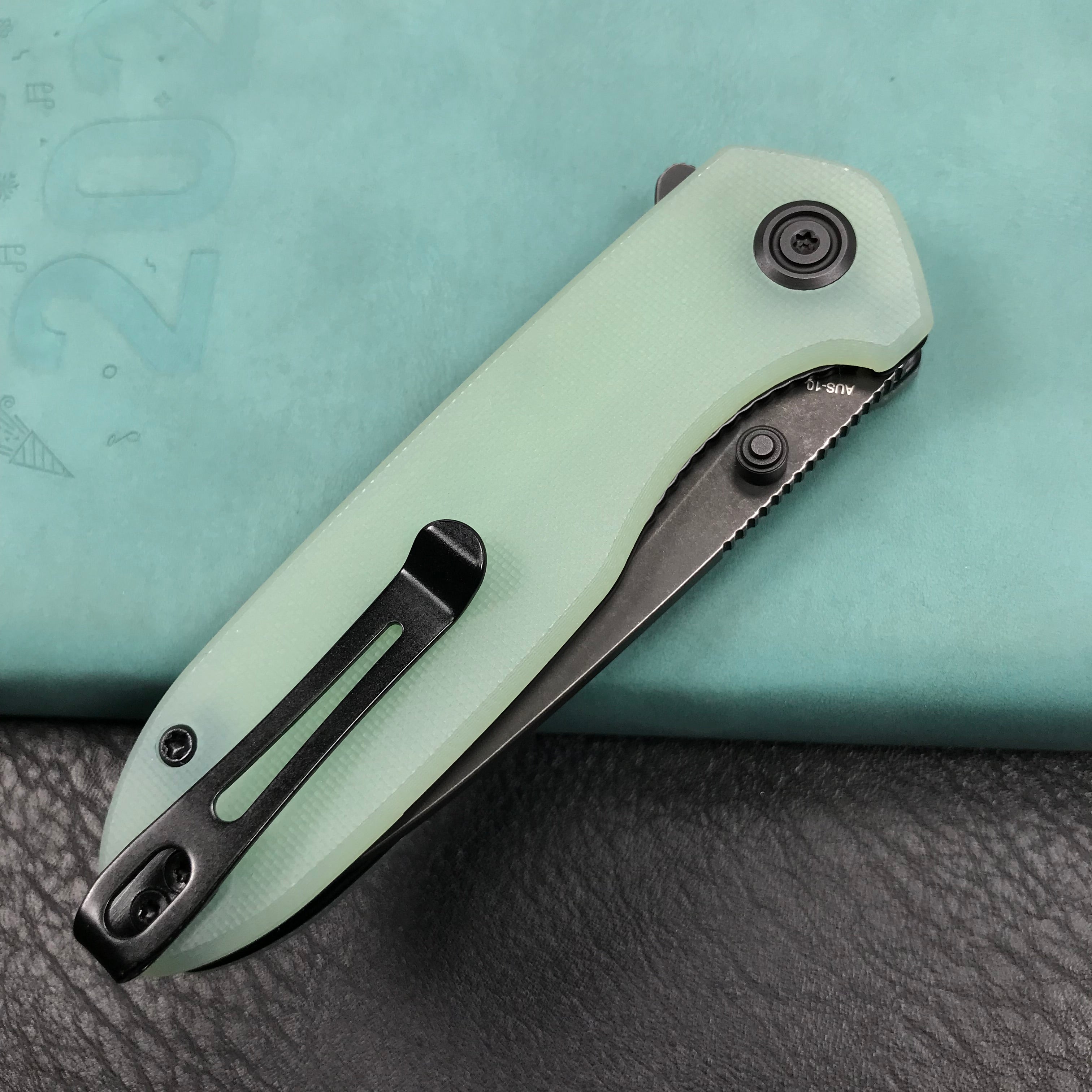 KUBEY KU342B Liner Lock Flipper Outdoor Pocket Knife Jade G10 Handle Black Stonewashe  AUS-10