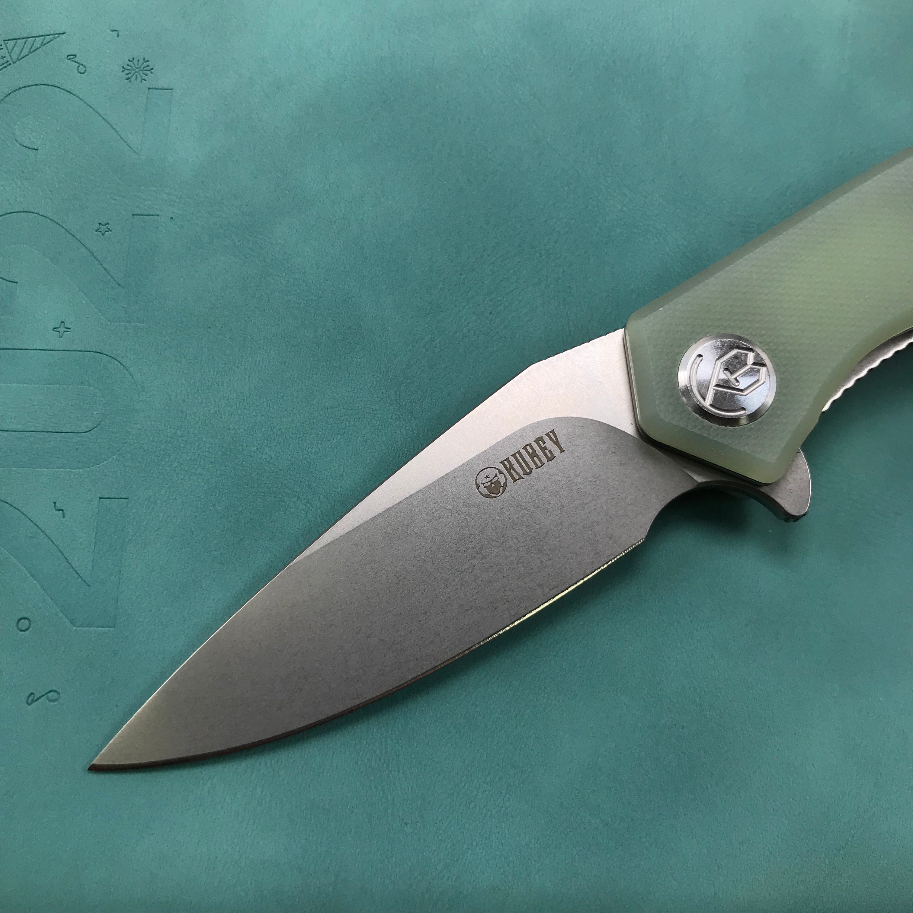 KUBEY KU055D Jade G10 Handle Folding Knife 2.95" Bead Blasted D2