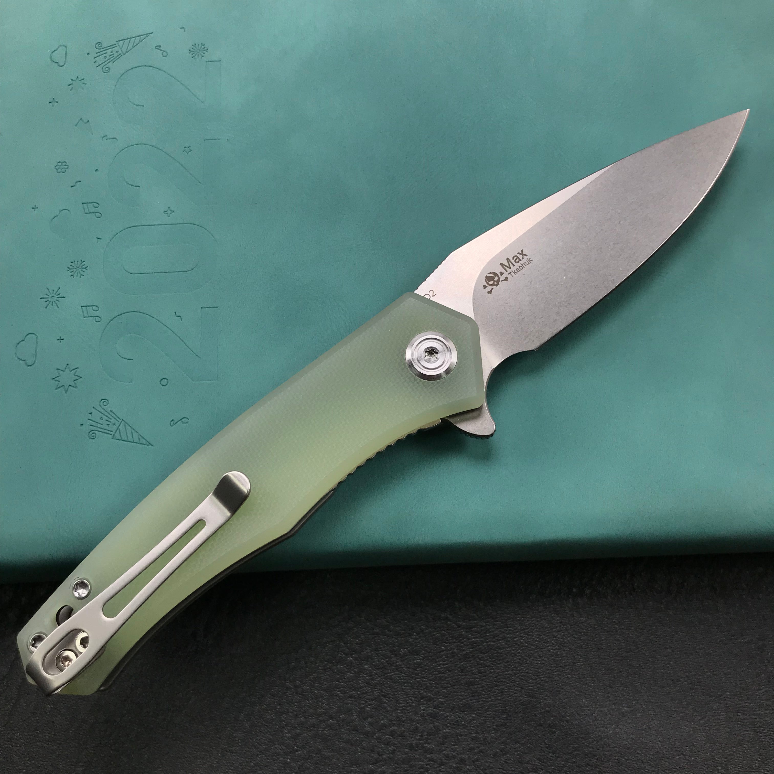 KUBEY KU055D Jade G10 Handle Folding Knife 2.95" Bead Blasted D2