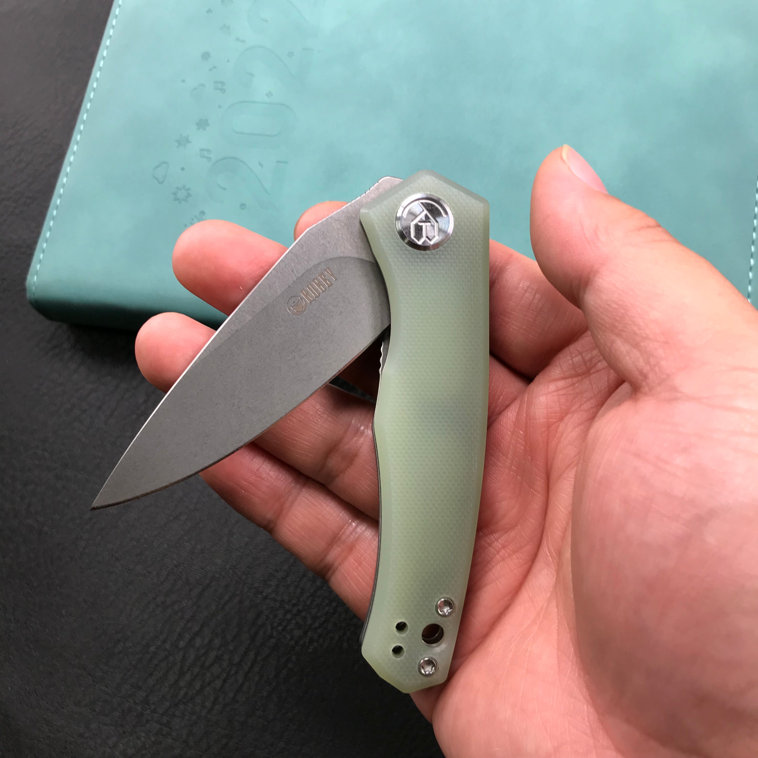 KUBEY KU055D Jade G10 Handle Folding Knife 2.95" Bead Blasted D2