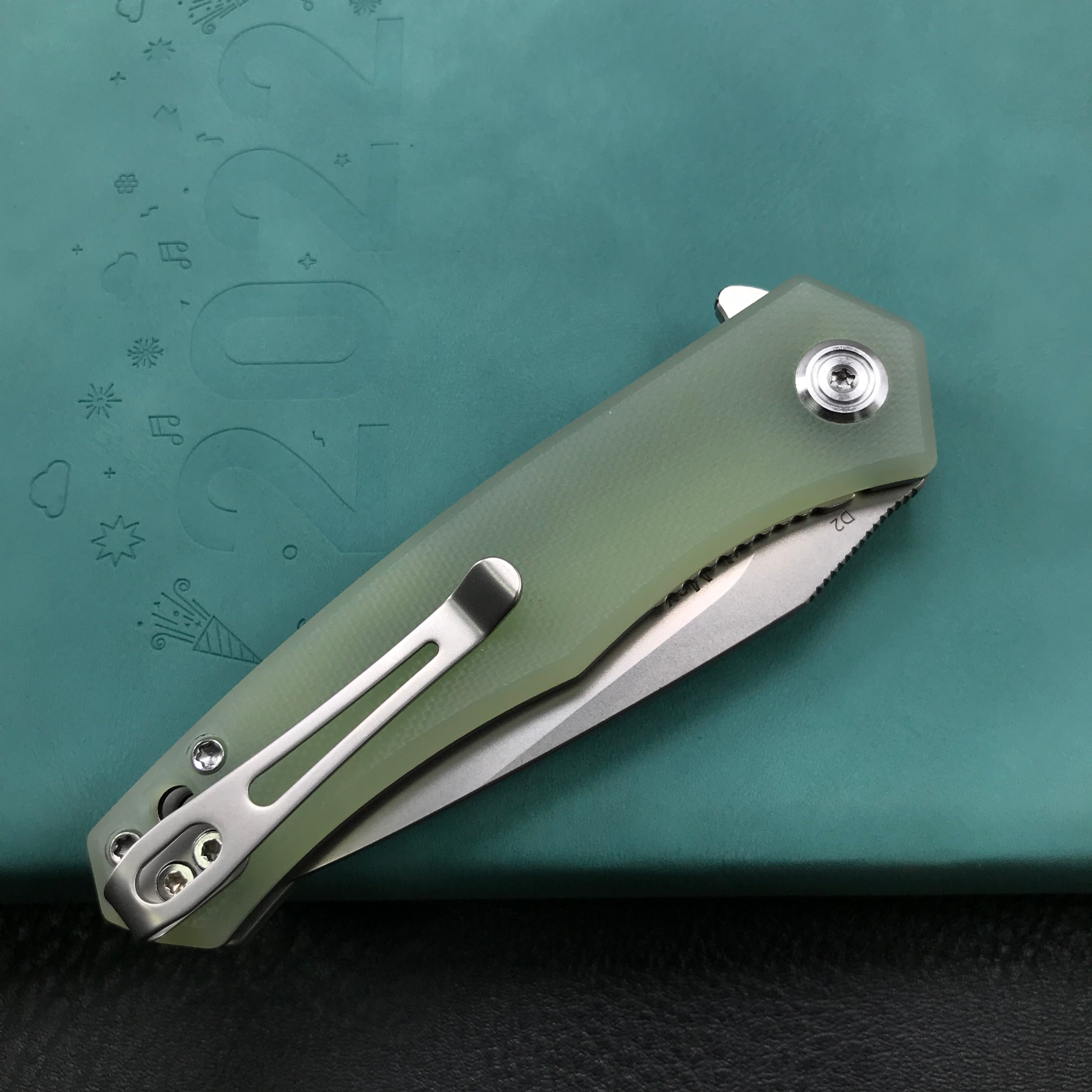 KUBEY KU055D Jade G10 Handle Folding Knife 2.95" Bead Blasted D2