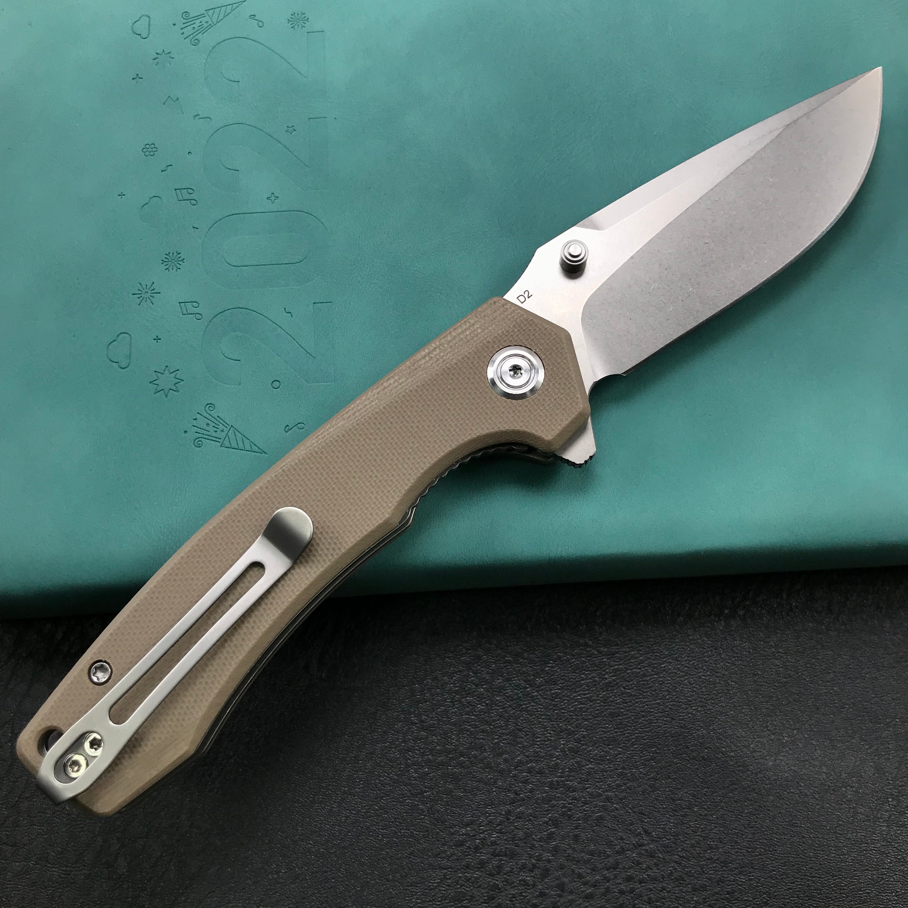 KUBEY  KU901D Liner Lock Flipper Folding Knife Tan G10 Handle 3.27" Blasted Stonewashed D2