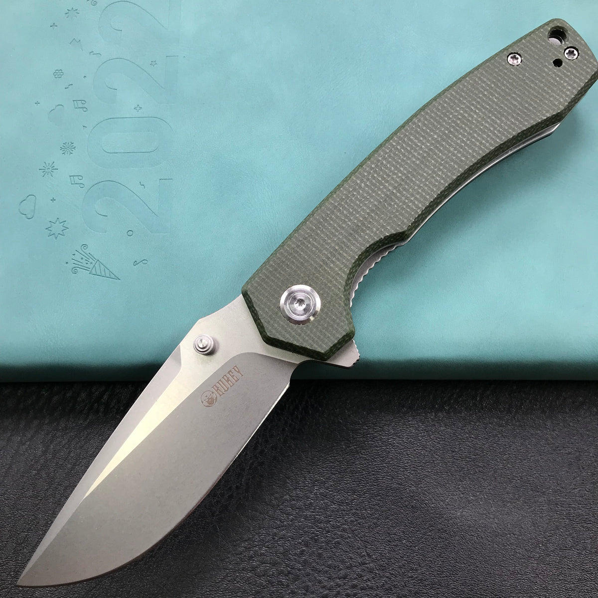 KUBEY  KU901C Liner Lock Flipper Folding Knife Green Micarta Handle 3.27" Bead Blasted D2