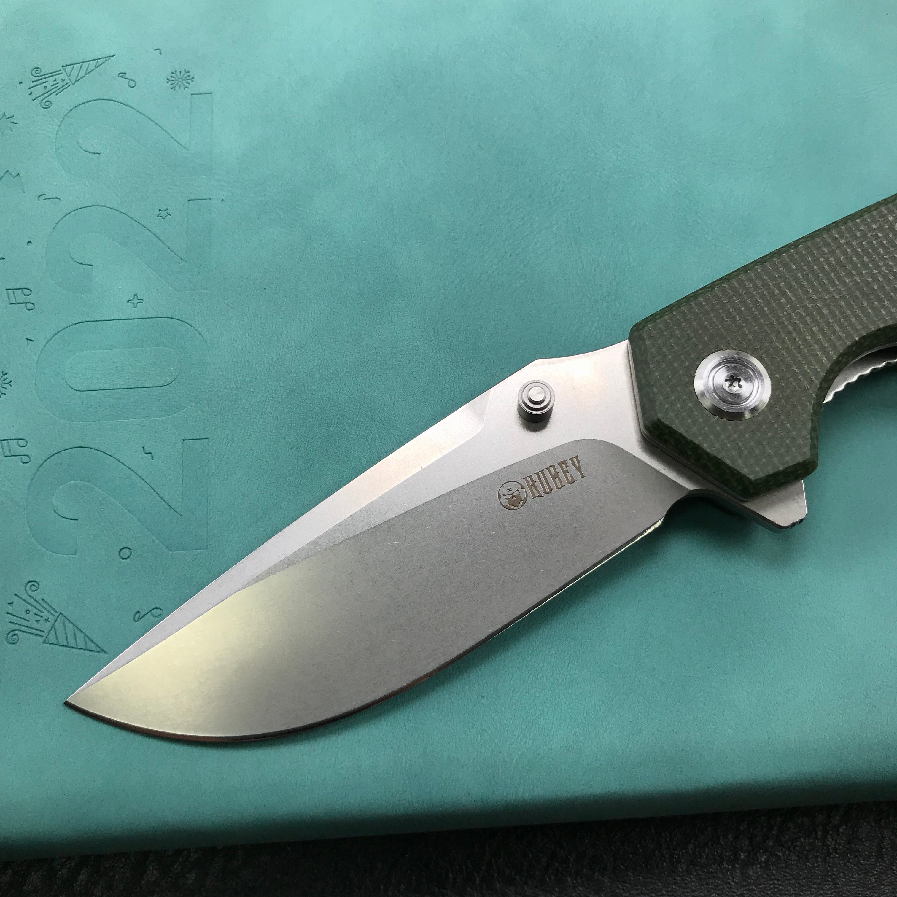 KUBEY  KU901C Liner Lock Flipper Folding Knife Green Micarta Handle 3.27" Bead Blasted D2