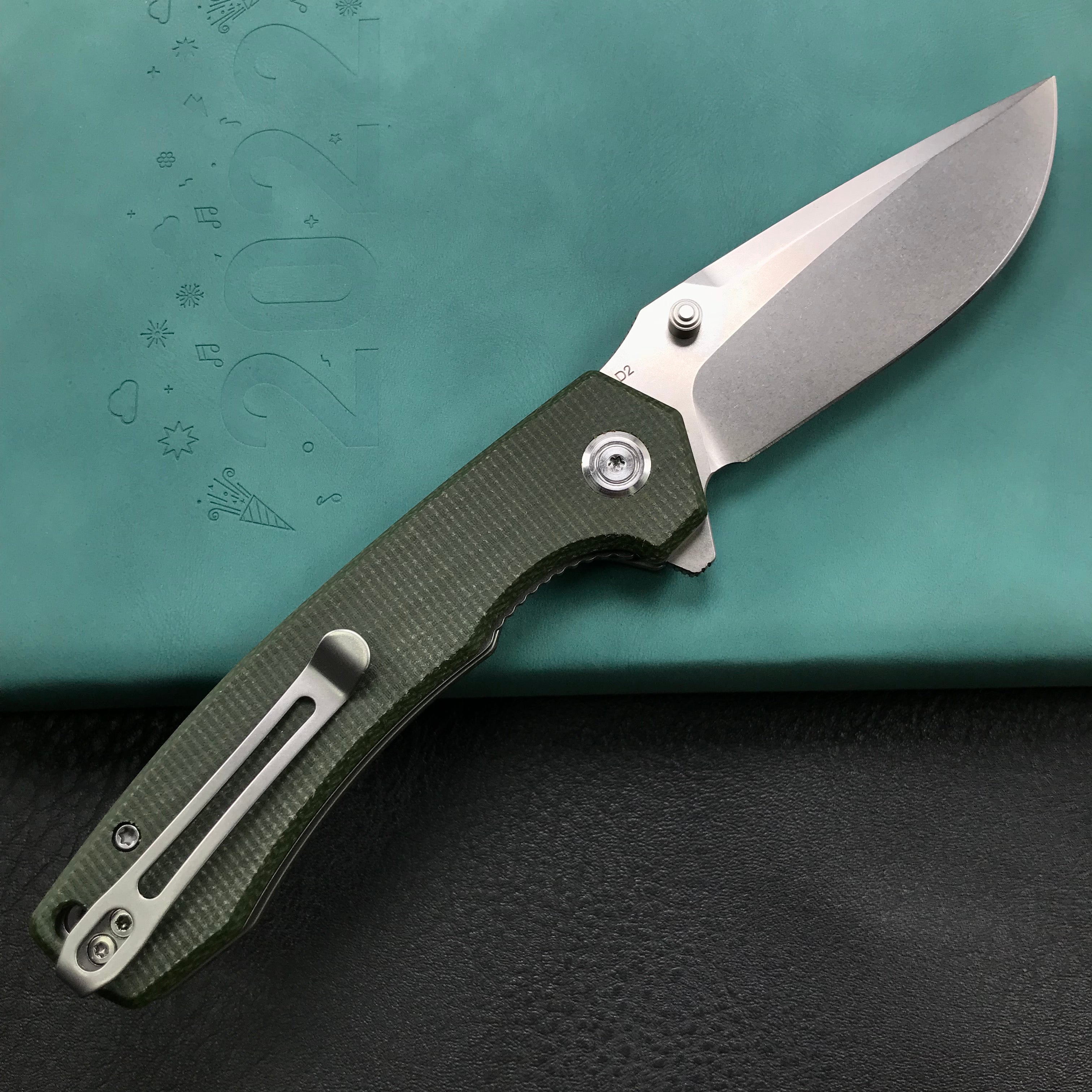 KUBEY  KU901C Liner Lock Flipper Folding Knife Green Micarta Handle 3.27" Bead Blasted D2