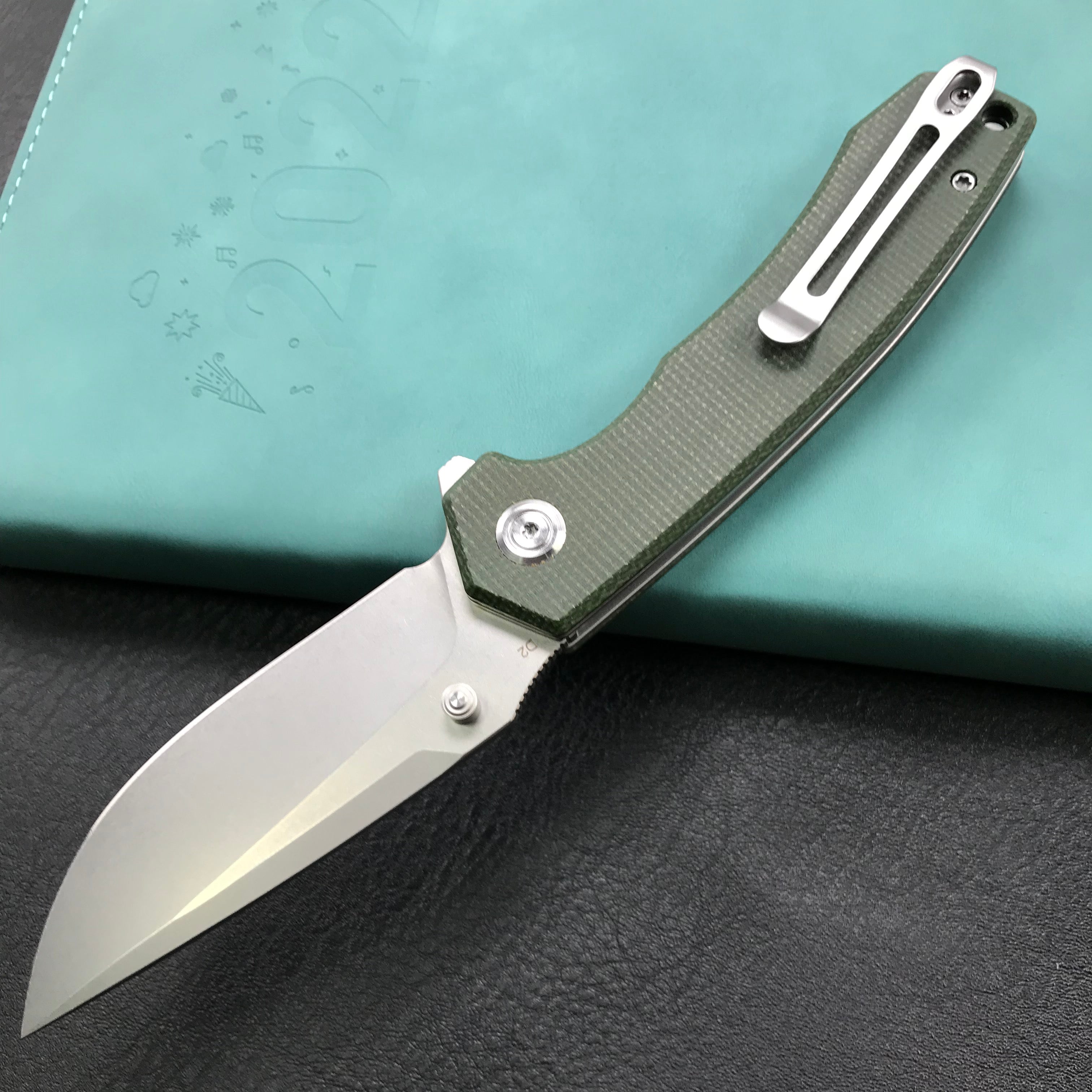 KUBEY  KU901C Liner Lock Flipper Folding Knife Green Micarta Handle 3.27" Bead Blasted D2