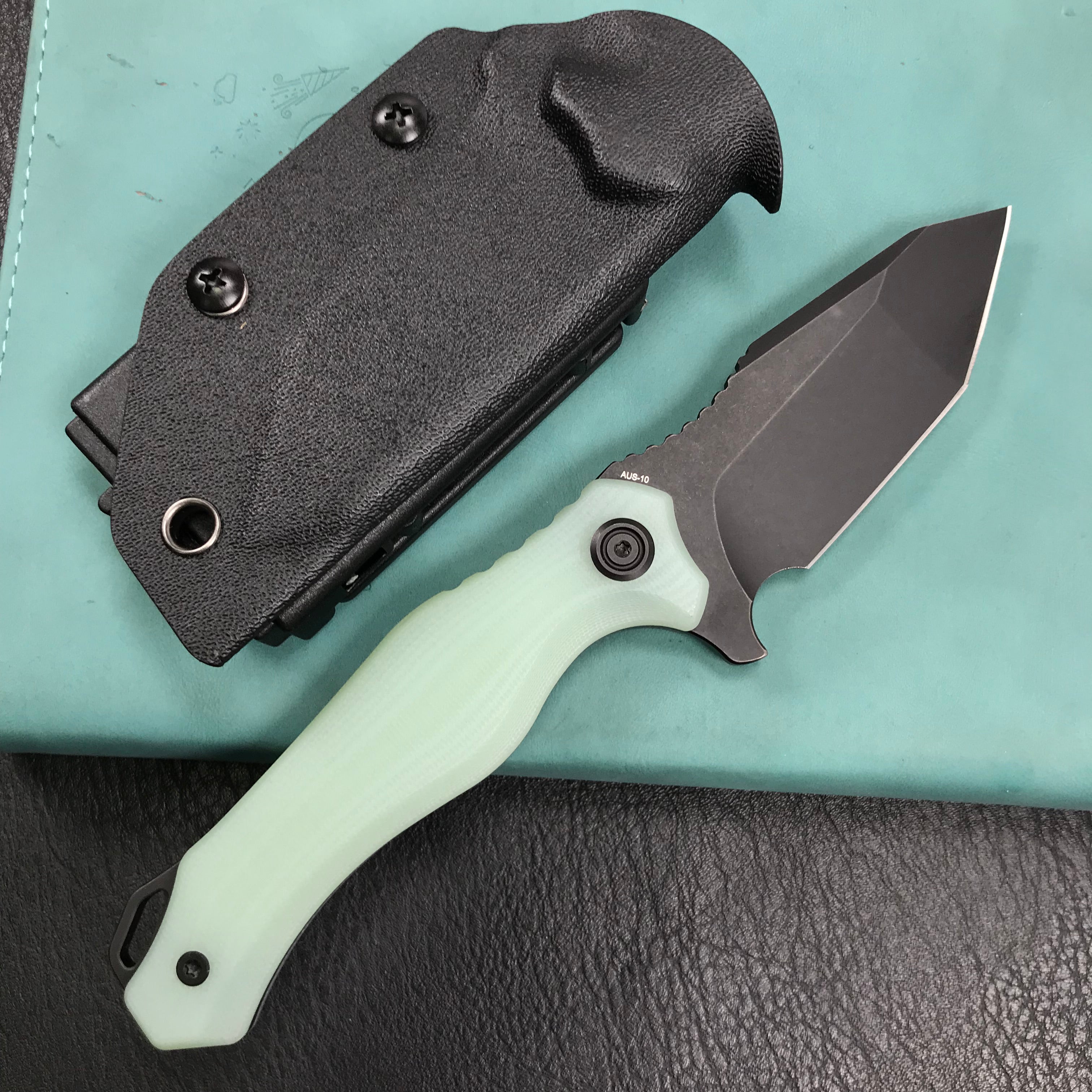 KUBEY KU230D Golf EDC Fixed Blade Knife Jade G-10 Handle  3.1" Black Stonewashe  AUS-10