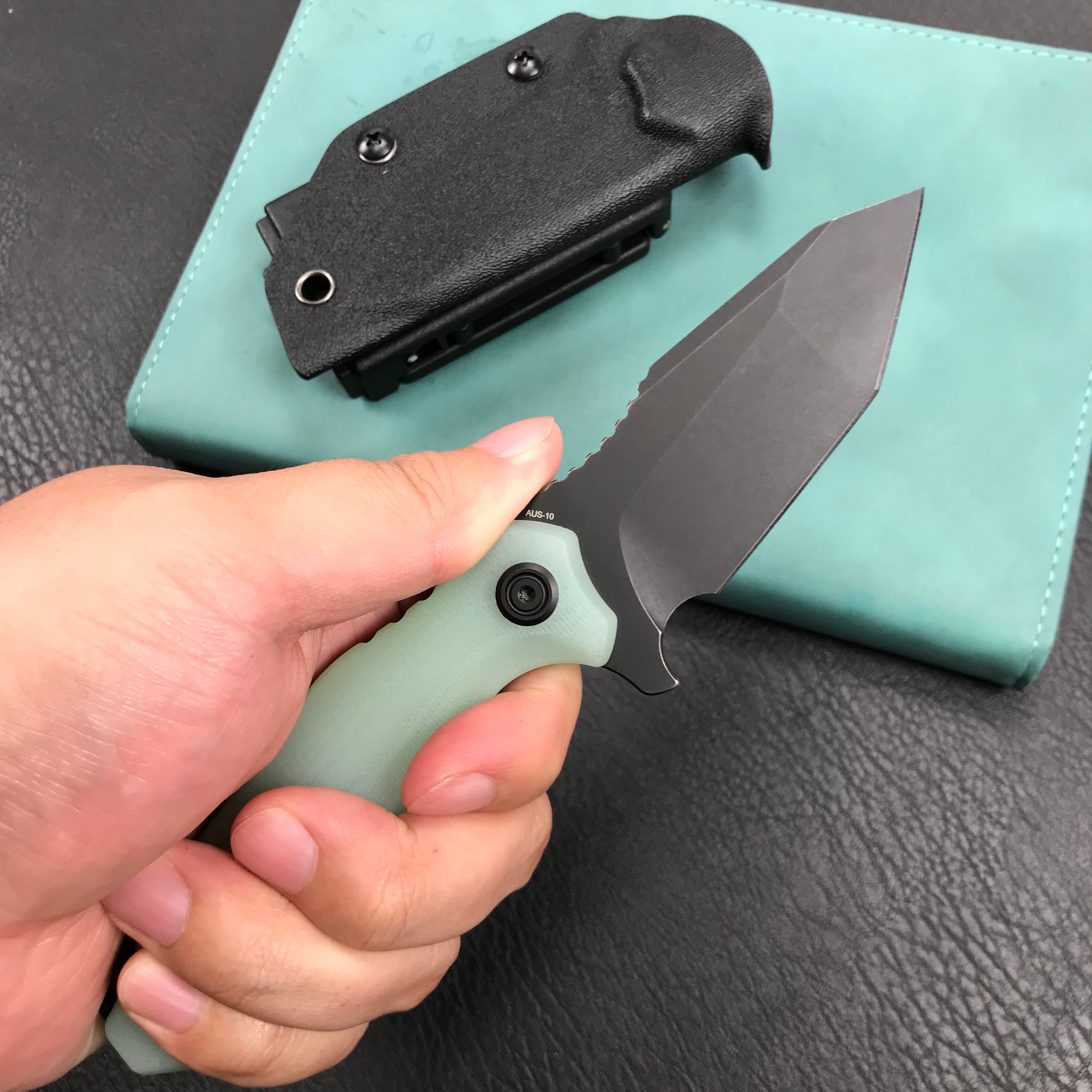 KUBEY KU230D Golf EDC Fixed Blade Knife Jade G-10 Handle  3.1" Black Stonewashe  AUS-10