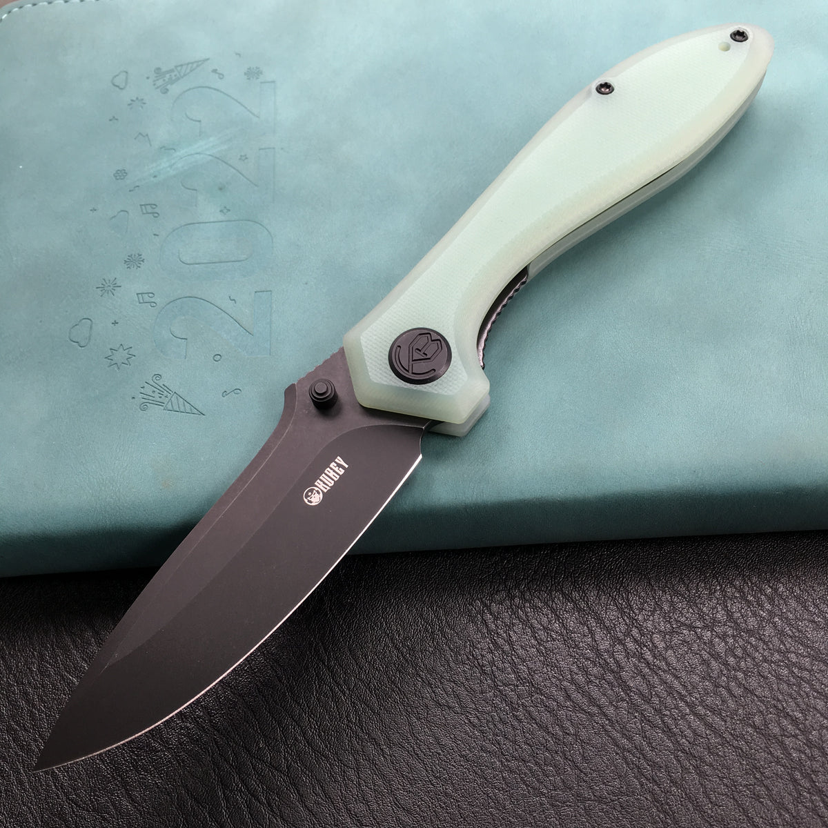 KUBEY KU314C Ruckus Liner Lock Folding Knife Jade G10 Handle 3.31" Dark Stonewashed AUS-10