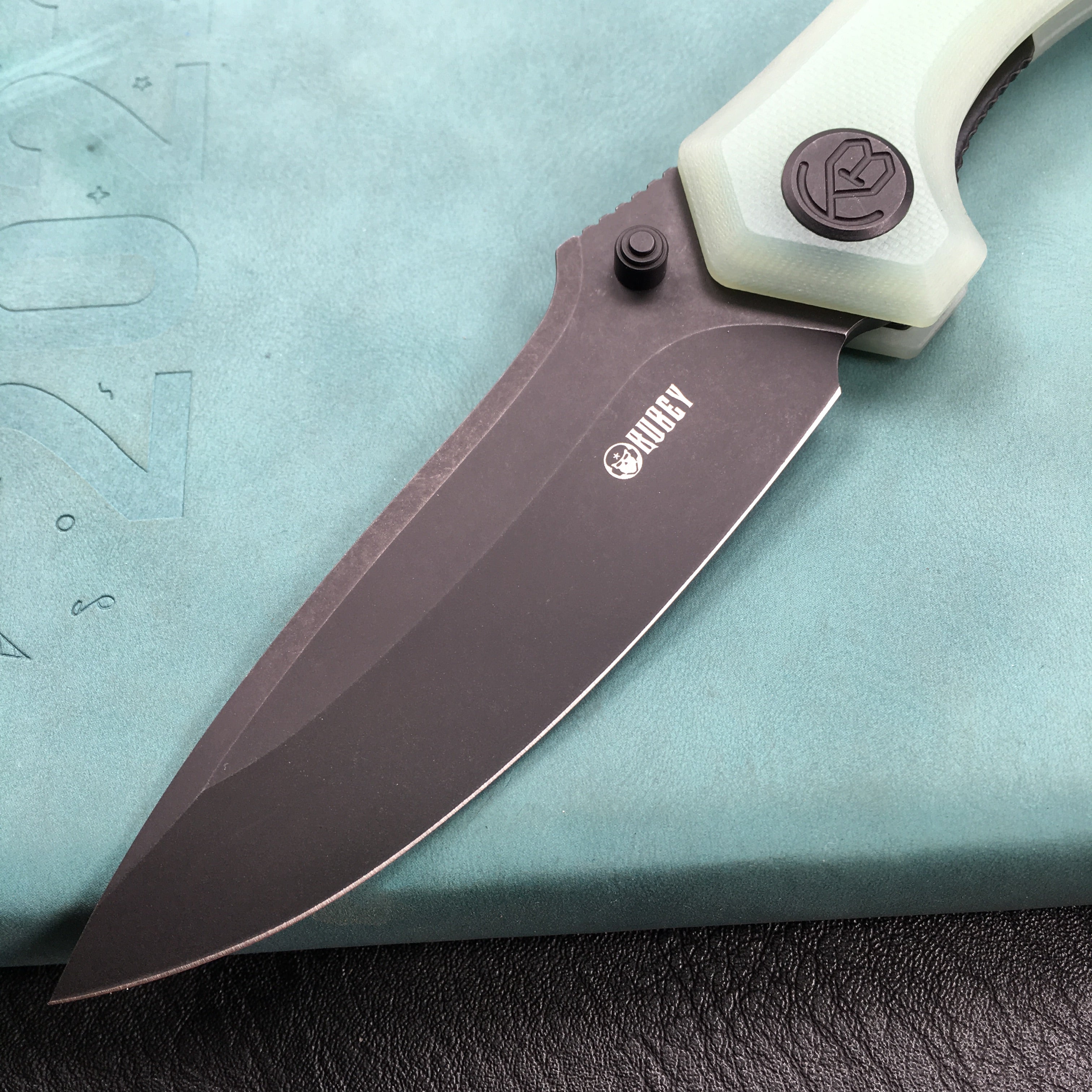 KUBEY KU314C Ruckus Liner Lock Folding Knife Jade G10 Handle 3.31" Dark Stonewashed AUS-10