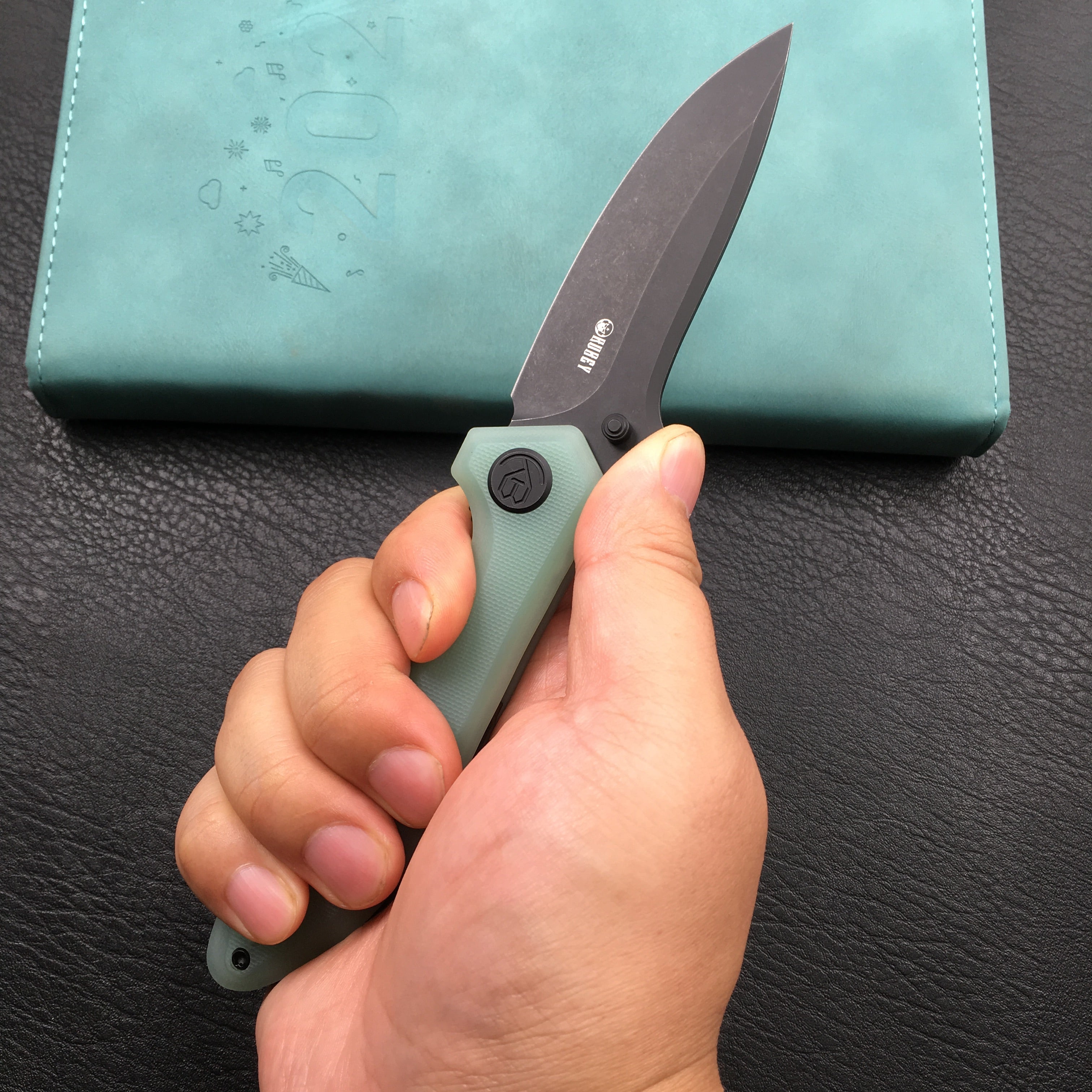 KUBEY KU314C Ruckus Liner Lock Folding Knife Jade G10 Handle 3.31" Dark Stonewashed AUS-10