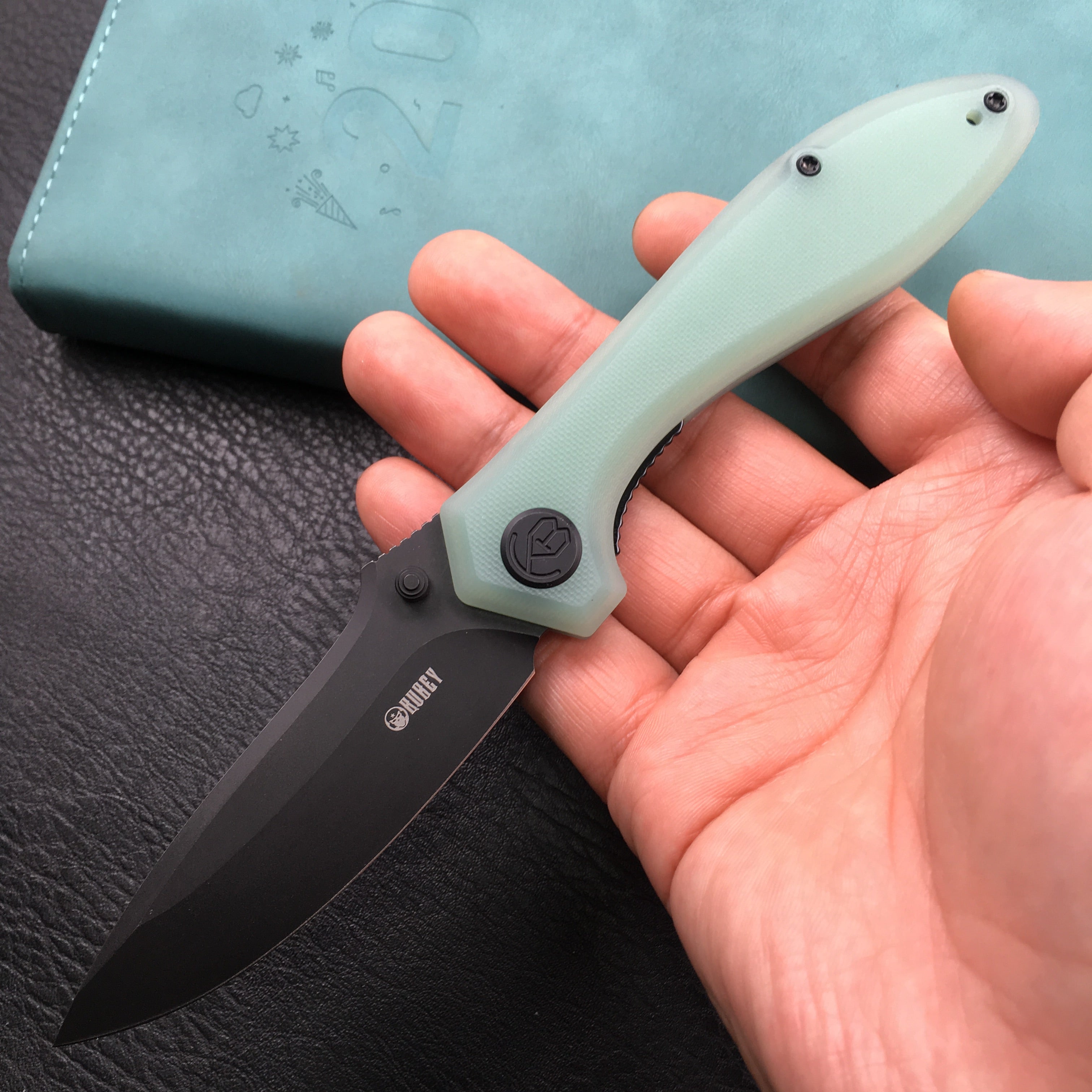 KUBEY KU314C Ruckus Liner Lock Folding Knife Jade G10 Handle 3.31" Dark Stonewashed AUS-10