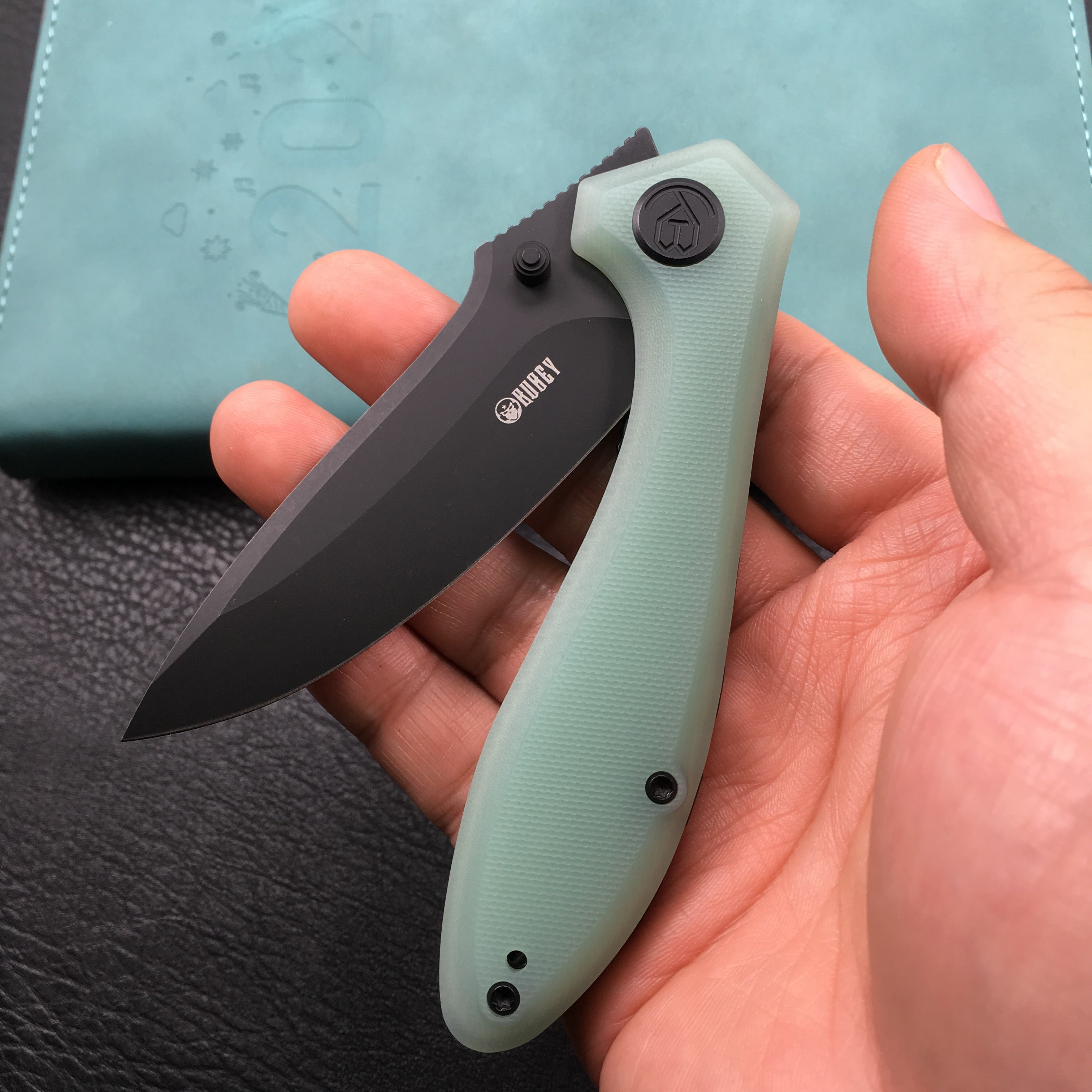 KUBEY KU314C Ruckus Liner Lock Folding Knife Jade G10 Handle 3.31" Dark Stonewashed AUS-10