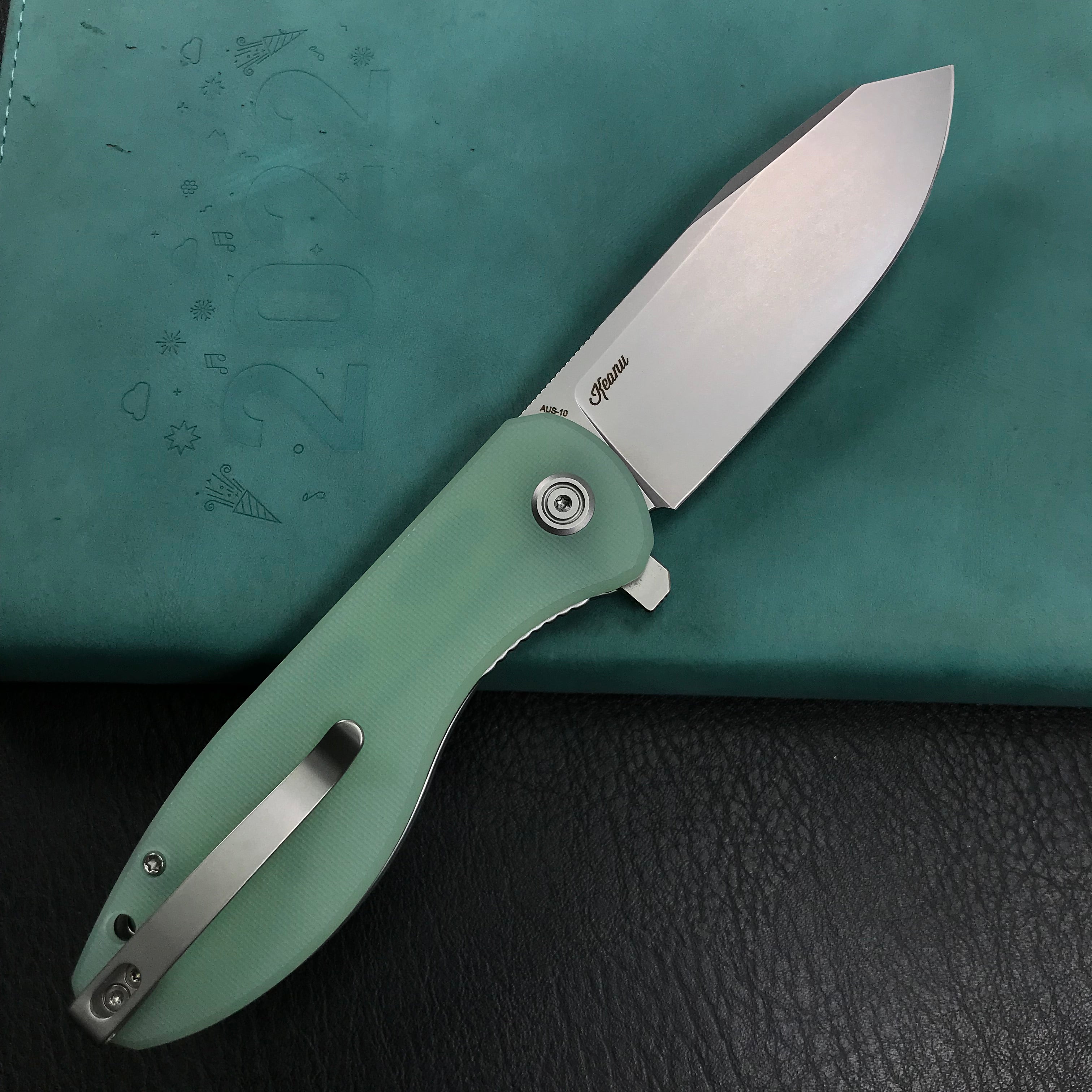 KUBEY KU358C Master Chief Outdor Folding Pocket Knife Jade G10 Handle 3.43" Blasted Stonewashed AUS-10