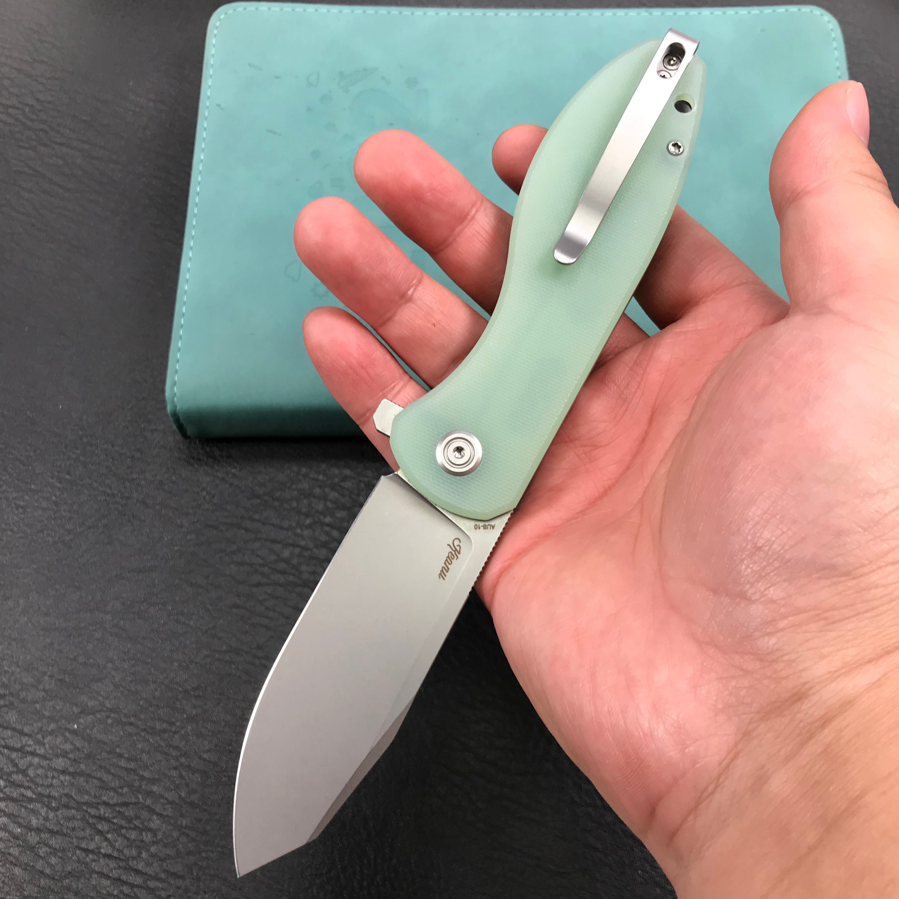 KUBEY KU358C Master Chief Outdor Folding Pocket Knife Jade G10 Handle 3.43" Blasted Stonewashed AUS-10