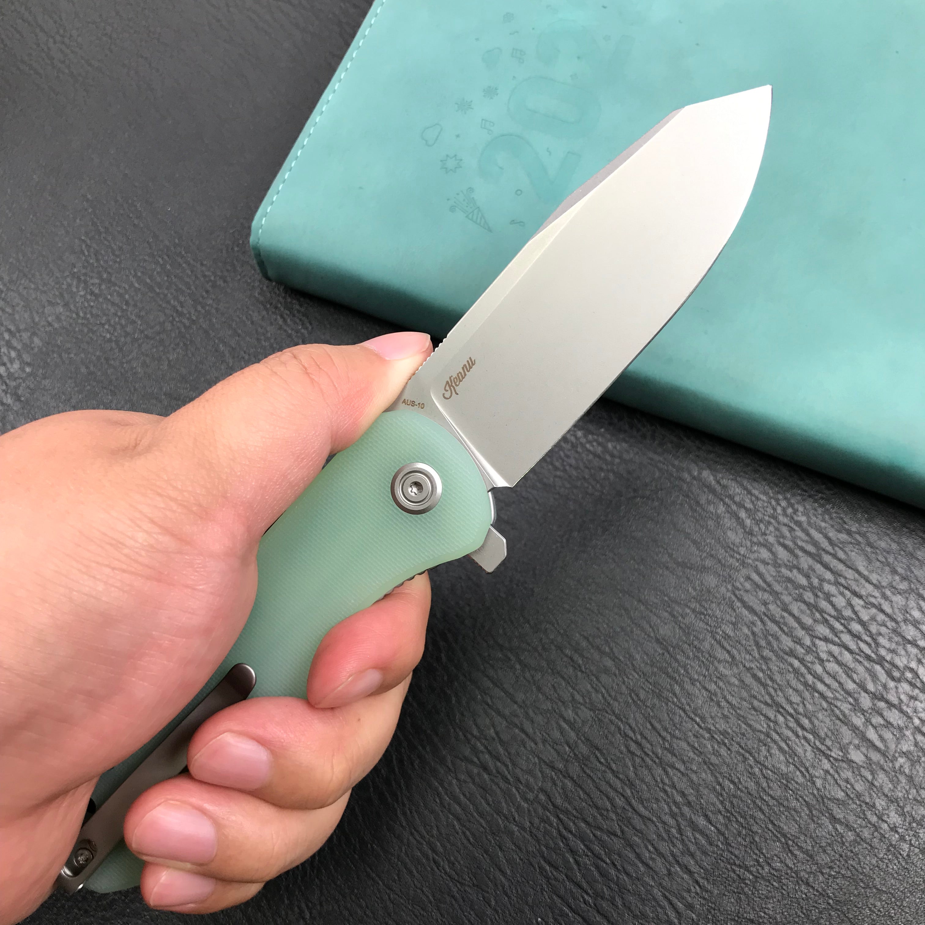 KUBEY KU358C Master Chief Outdor Folding Pocket Knife Jade G10 Handle 3.43" Blasted Stonewashed AUS-10