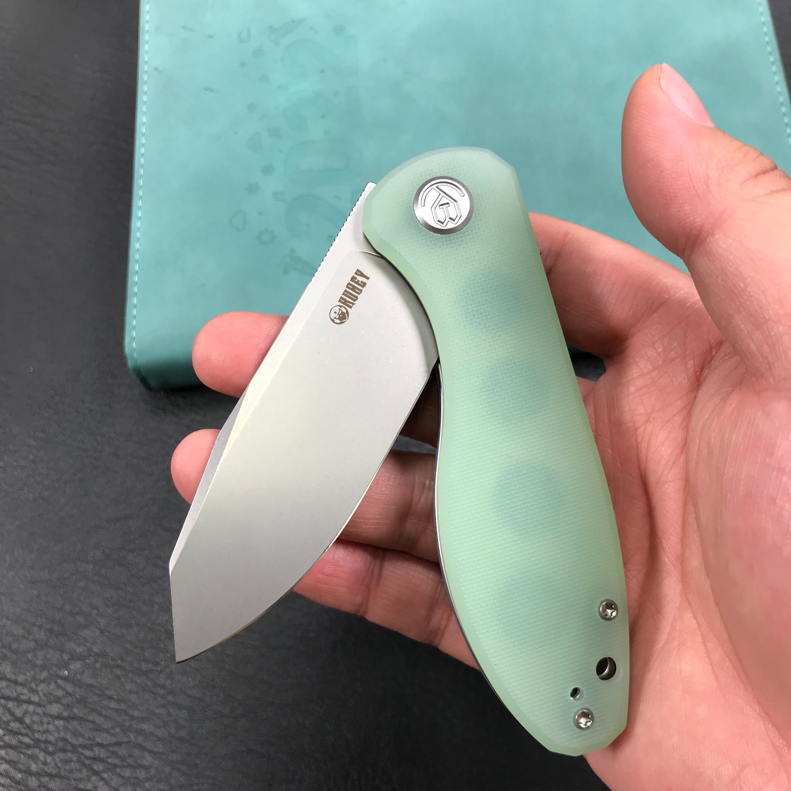 KUBEY KU358C Master Chief Outdor Folding Pocket Knife Jade G10 Handle 3.43" Blasted Stonewashed AUS-10