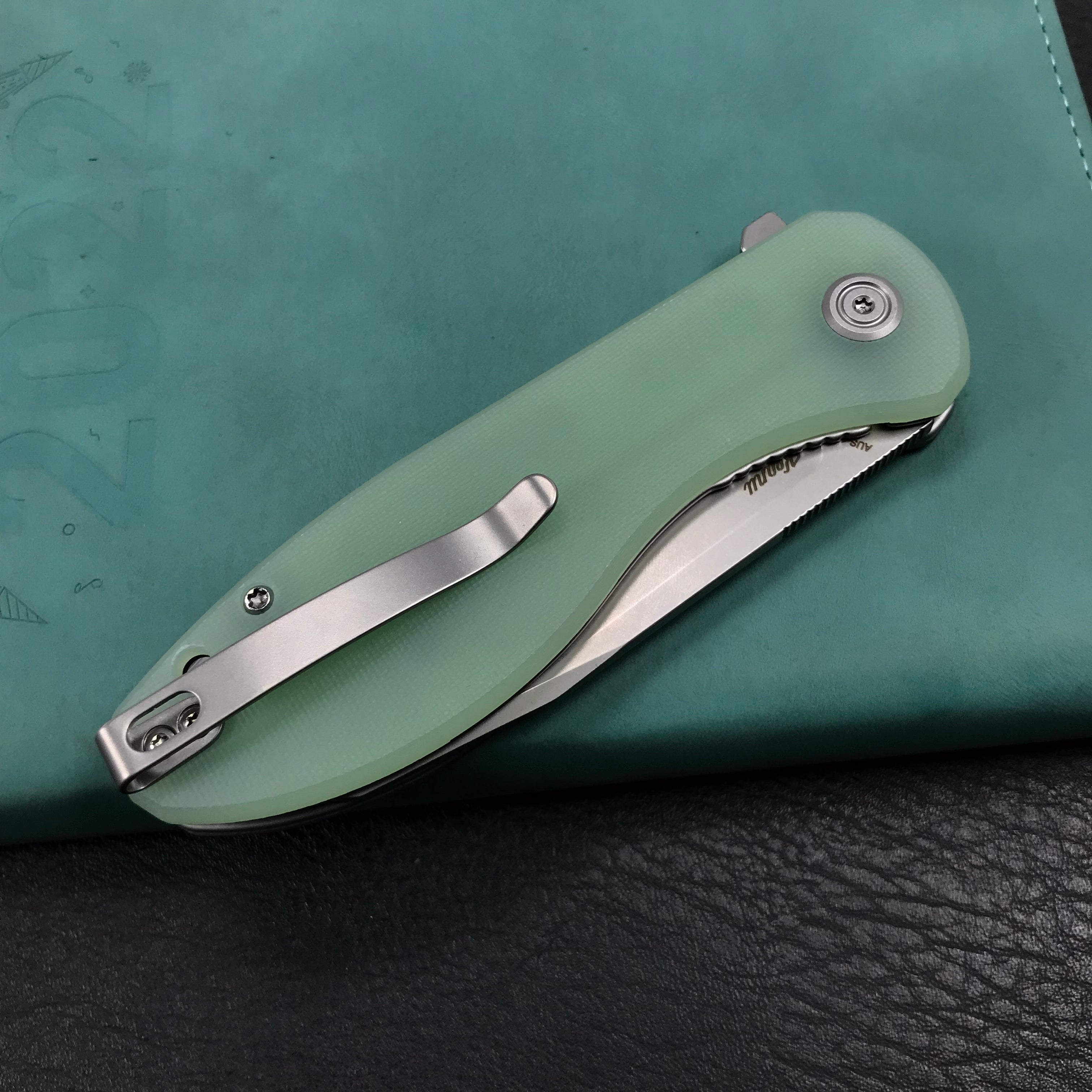 KUBEY KU358C Master Chief Outdor Folding Pocket Knife Jade G10 Handle 3.43" Blasted Stonewashed AUS-10