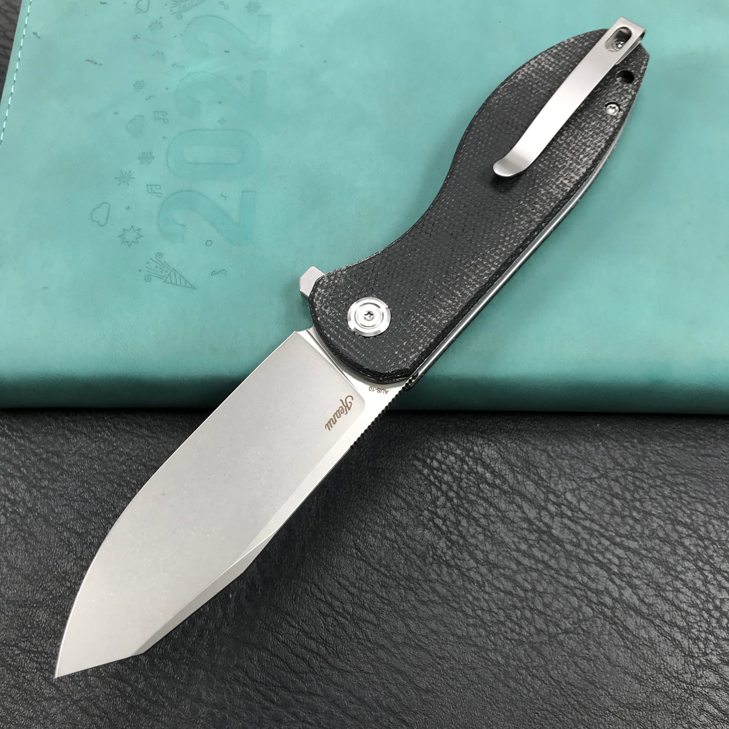 KUBEY KU358H Master Chief Outdor Folding Pocket Knife Black Micarta Handle 3.43" Blasted Stonewashed AUS-10