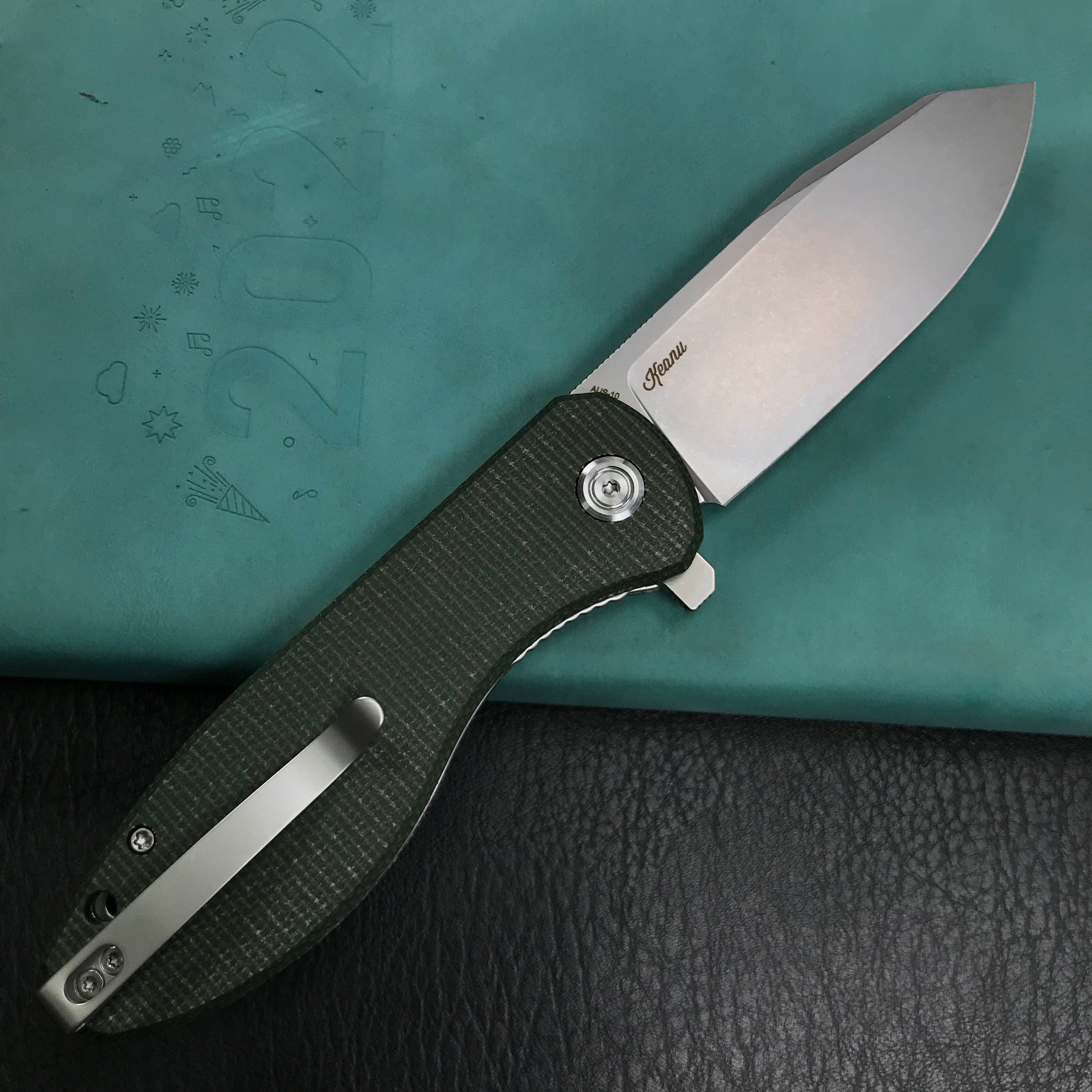 KUBEY KU358I Master Chief Outdor Folding Pocket Knife Green Micarta  Handle 3.43" Blasted Stonewashed AUS-10