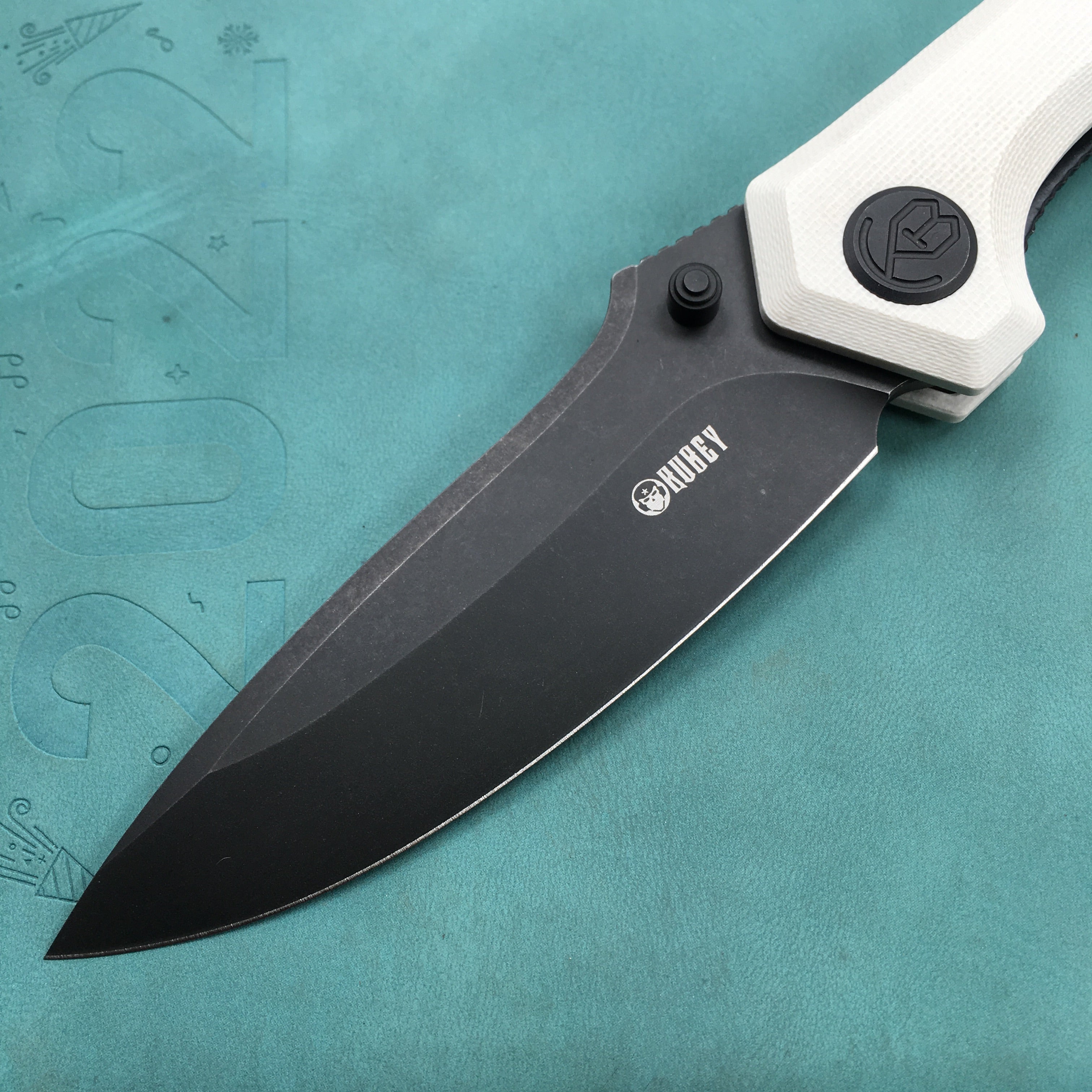 KUBEY KU314D Ruckus Liner Lock Folding Knife White G10 Handle 3.31" Dark Stonewashed AUS-10