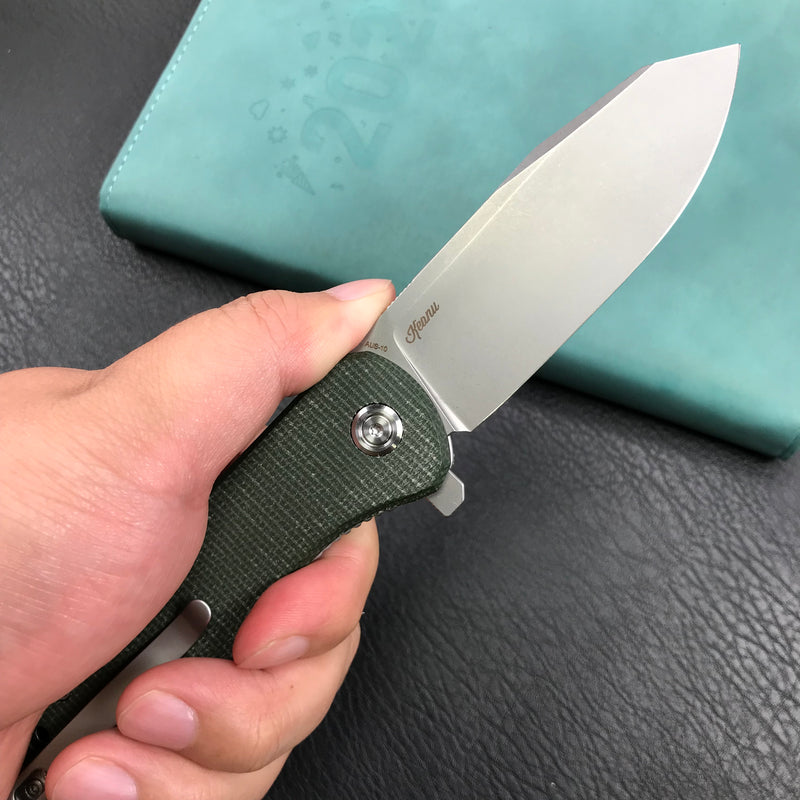 KUBEY KU358I Master Chief Outdor Folding Pocket Knife Green Micarta  Handle 3.43" Blasted Stonewashed AUS-10
