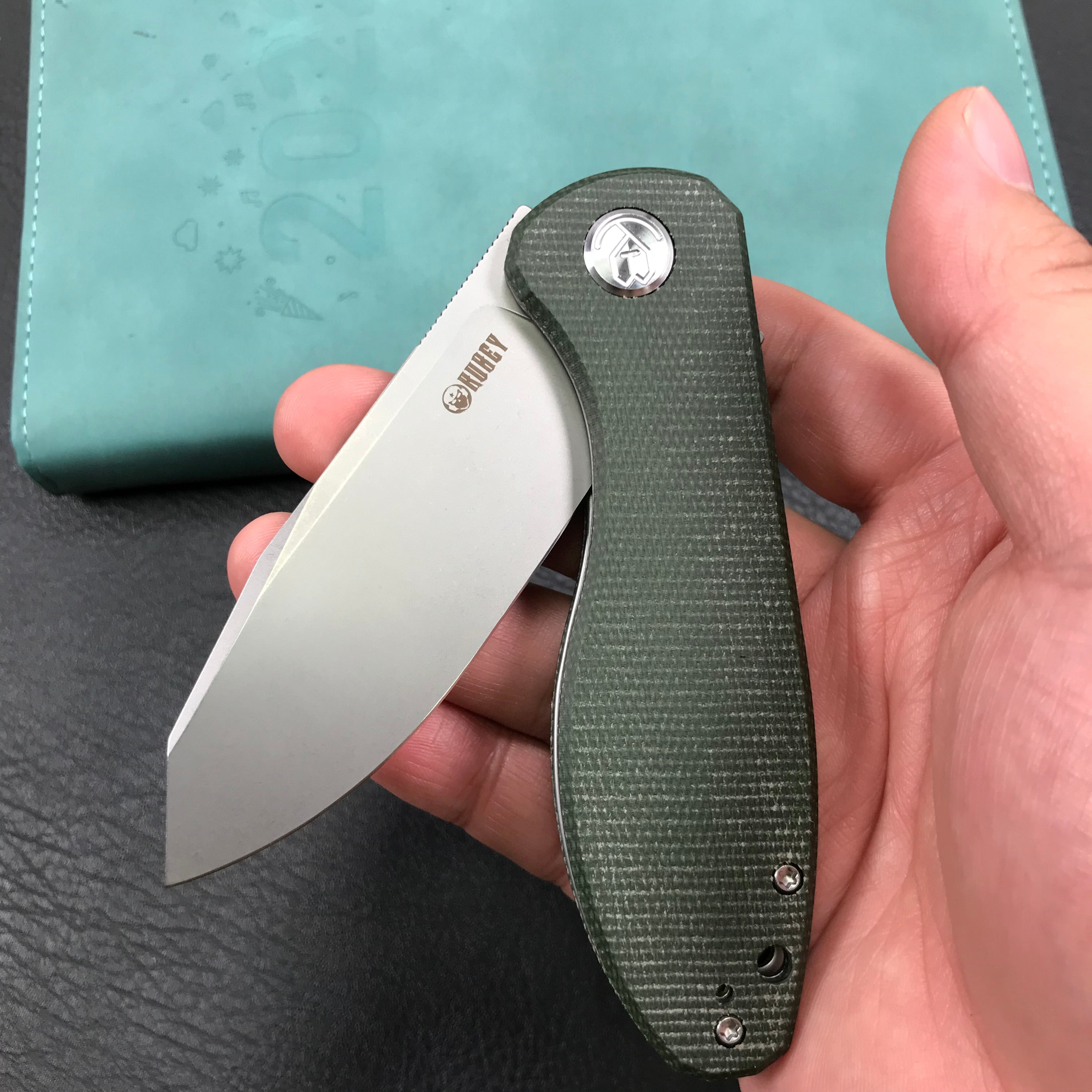 KUBEY KU358I Master Chief Outdor Folding Pocket Knife Green Micarta  Handle 3.43" Blasted Stonewashed AUS-10