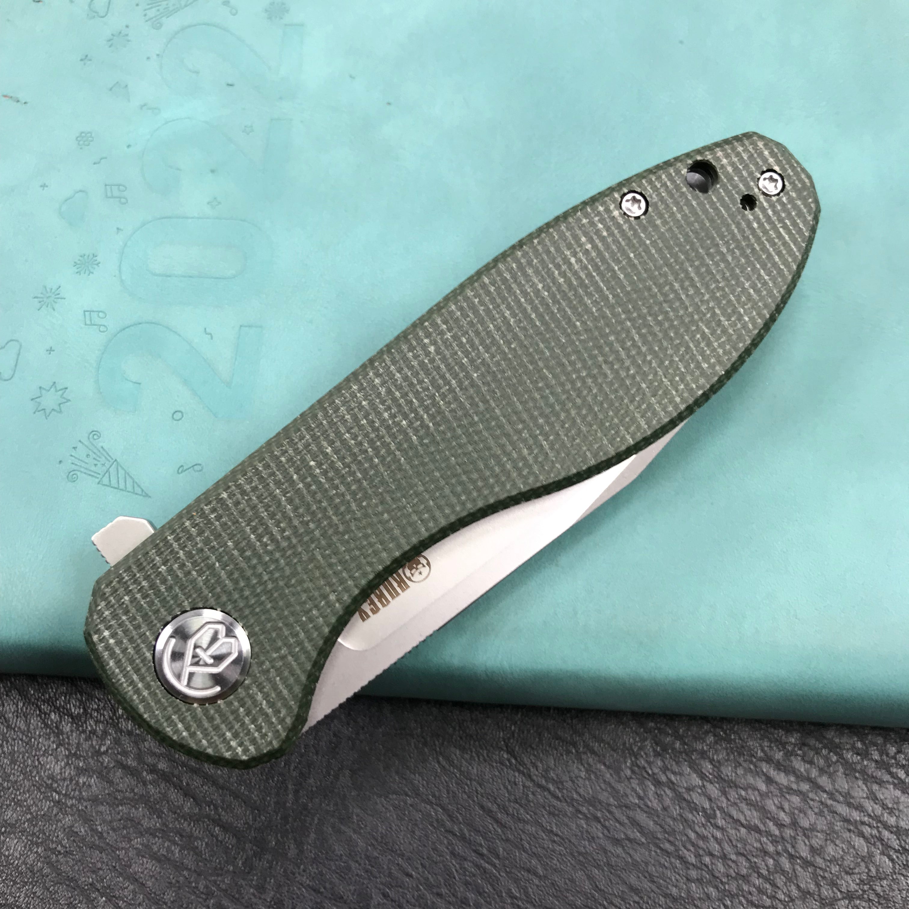 KUBEY KU358I Master Chief Outdor Folding Pocket Knife Green Micarta  Handle 3.43" Blasted Stonewashed AUS-10