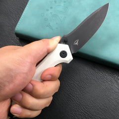 KUBEY KU314D Ruckus Liner Lock Folding Knife White G10 Handle 3.31" Dark Stonewashed AUS-10