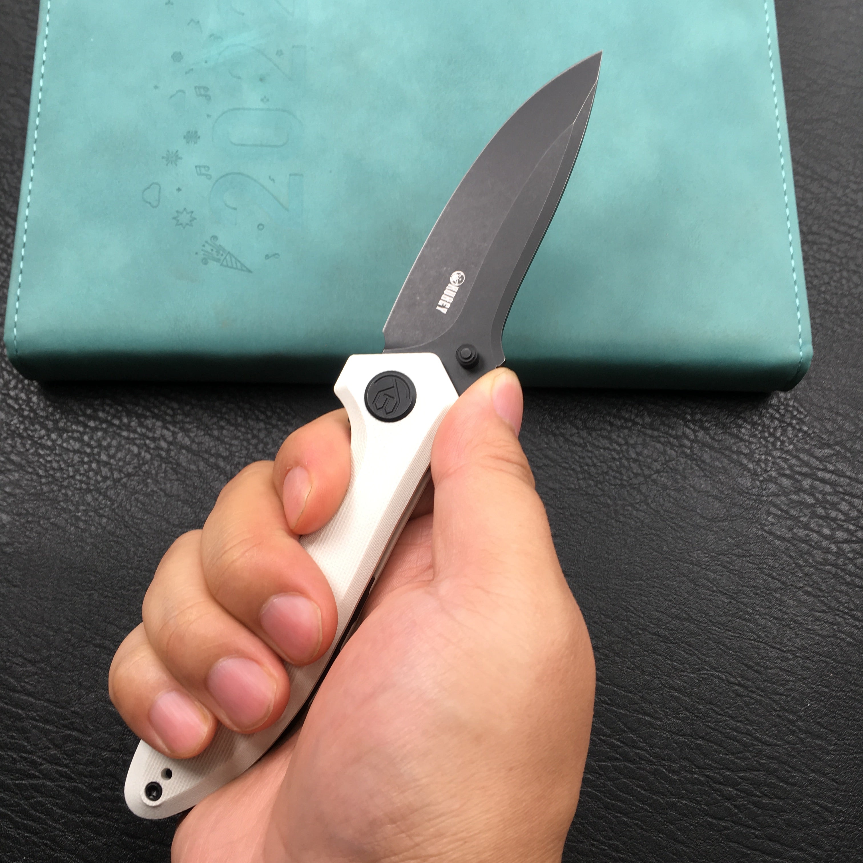 KUBEY KU314D Ruckus Liner Lock Folding Knife White G10 Handle 3.31" Dark Stonewashed AUS-10