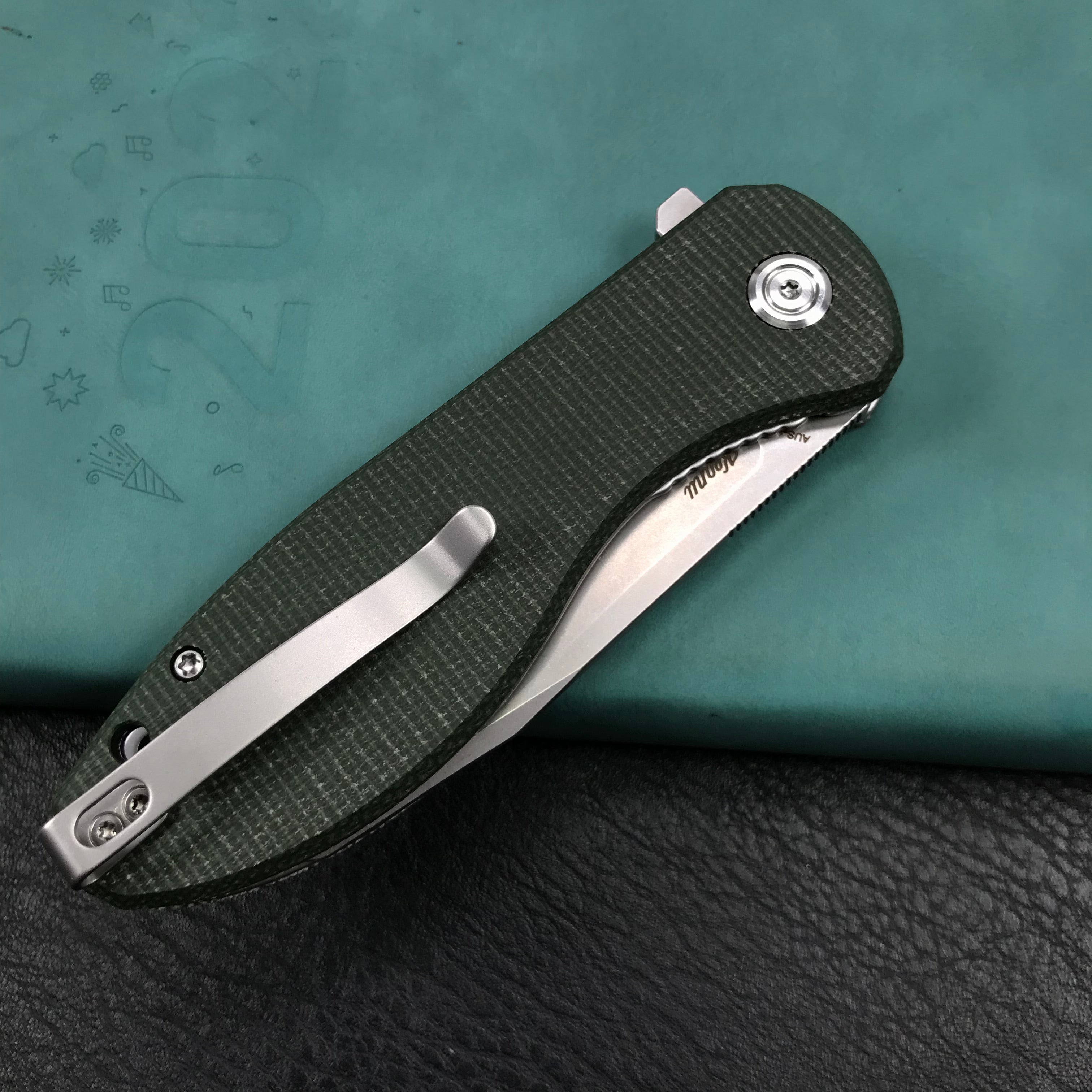 KUBEY KU358I Master Chief Outdor Folding Pocket Knife Green Micarta  Handle 3.43" Blasted Stonewashed AUS-10