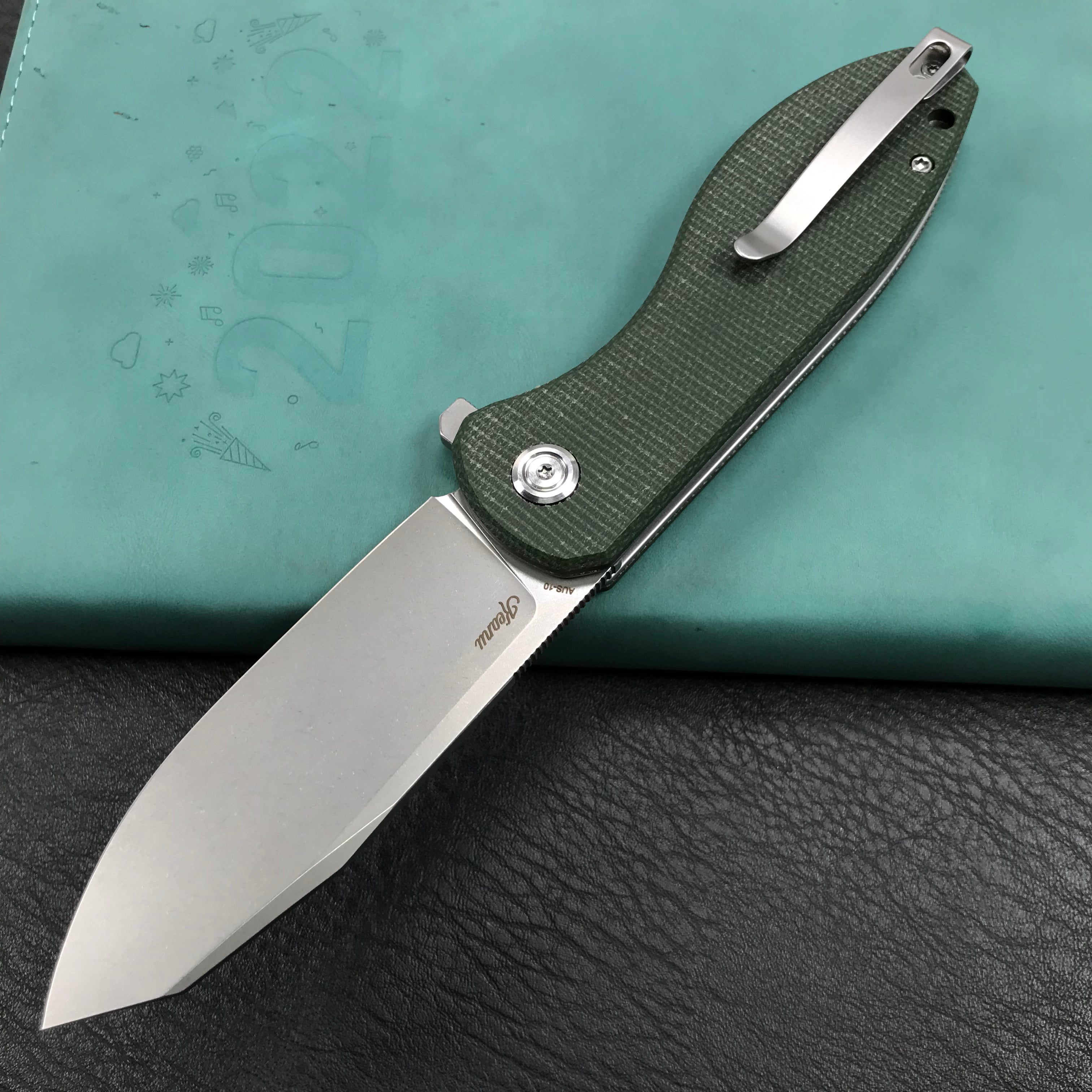 KUBEY KU358I Master Chief Outdor Folding Pocket Knife Green Micarta  Handle 3.43" Blasted Stonewashed AUS-10