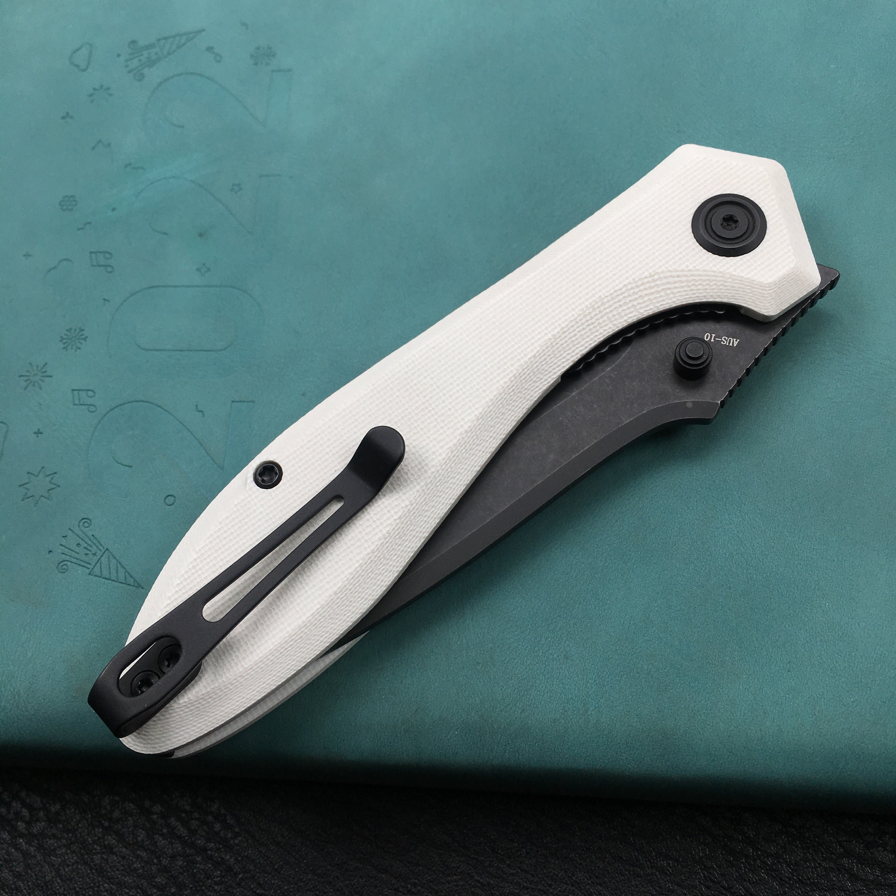 KUBEY KU314D Ruckus Liner Lock Folding Knife White G10 Handle 3.31" Dark Stonewashed AUS-10