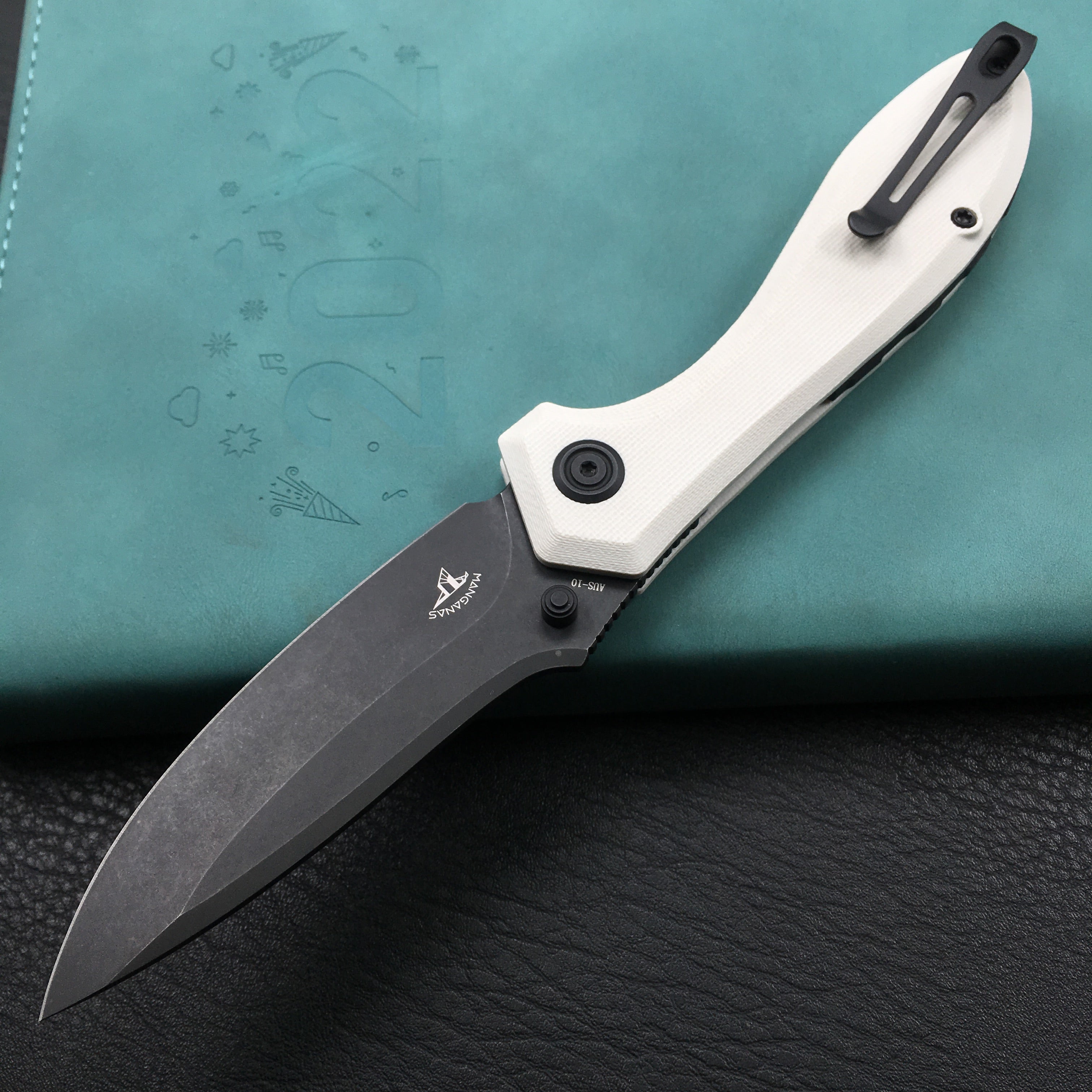 KUBEY KU314D Ruckus Liner Lock Folding Knife White G10 Handle 3.31" Dark Stonewashed AUS-10