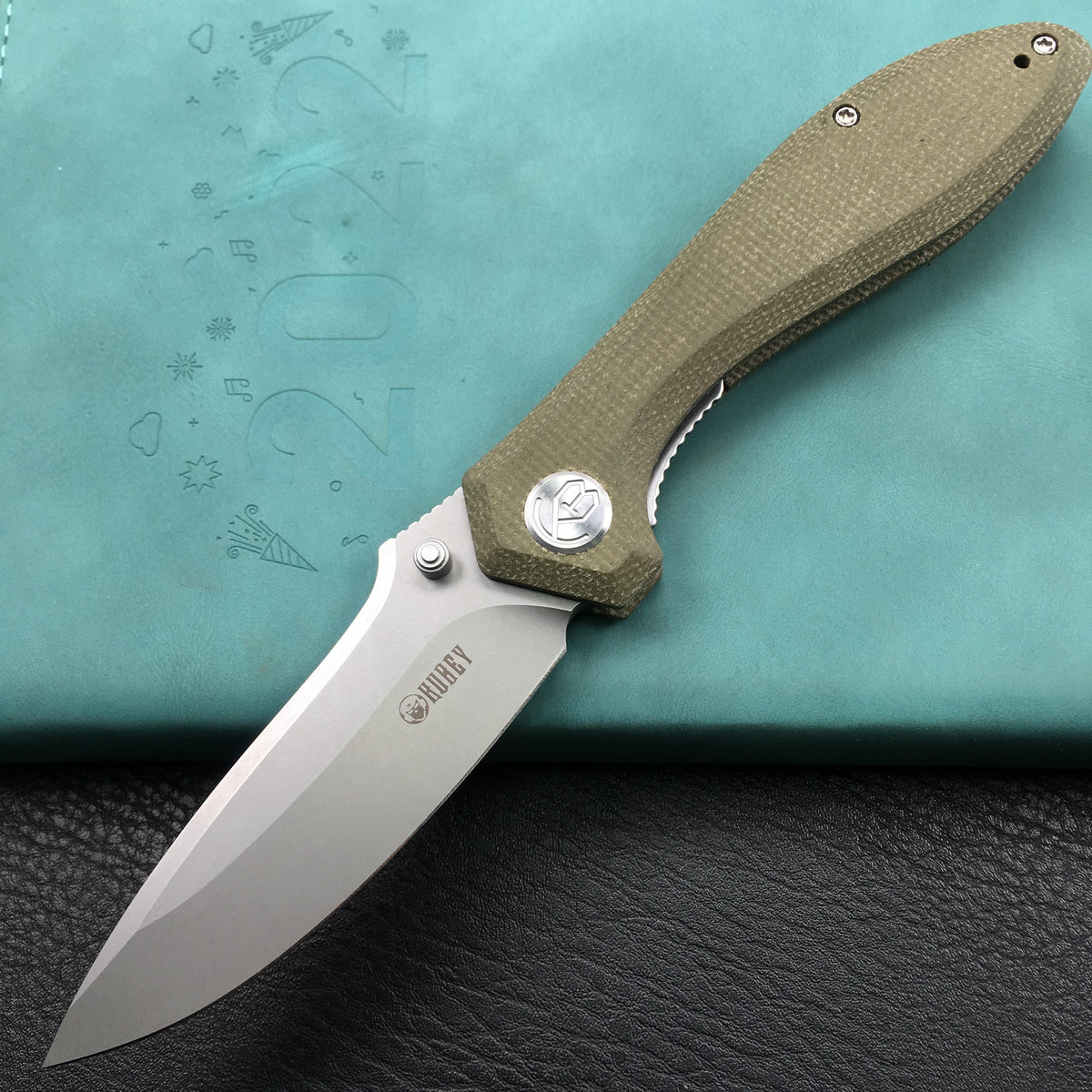 KUBEY KU314E Ruckus Liner Lock Folding Knife Green Micarta Handle 3.31" Blasted Stonewashed AUS-10