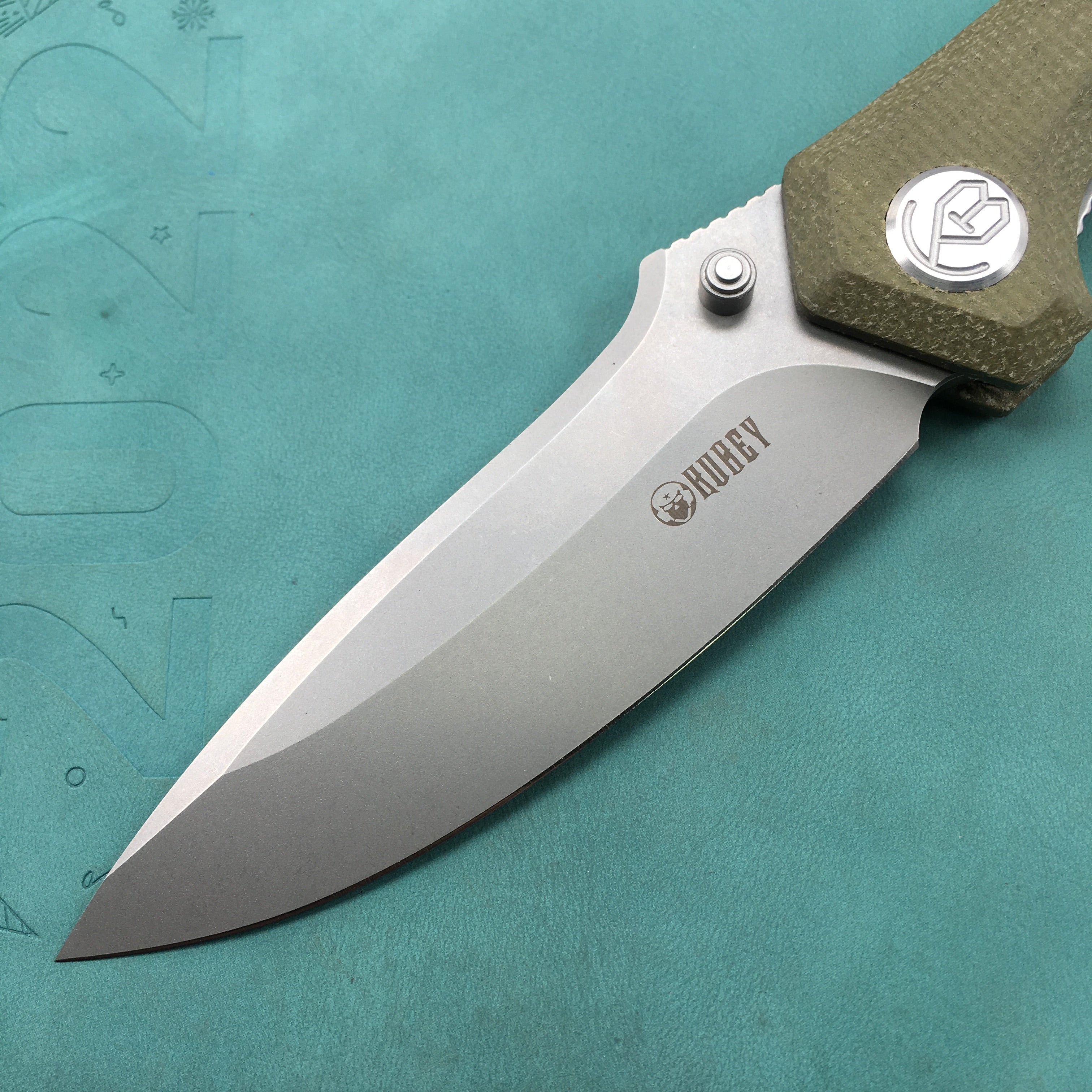 KUBEY KU314E Ruckus Liner Lock Folding Knife Green Micarta Handle 3.31" Blasted Stonewashed AUS-10