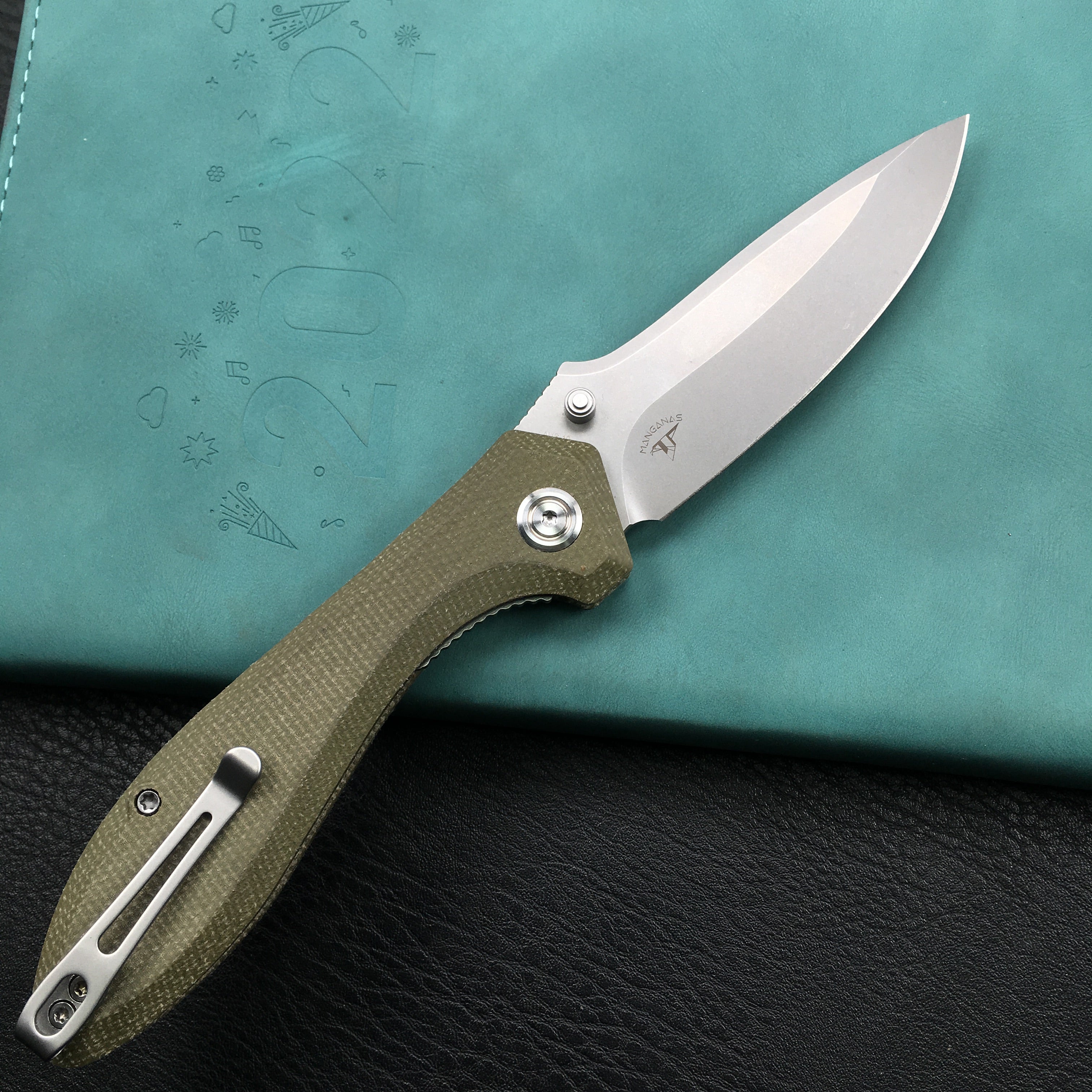 KUBEY KU314E Ruckus Liner Lock Folding Knife Green Micarta Handle 3.31" Blasted Stonewashed AUS-10