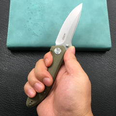 KUBEY KU314E Ruckus Liner Lock Folding Knife Green Micarta Handle 3.31" Blasted Stonewashed AUS-10