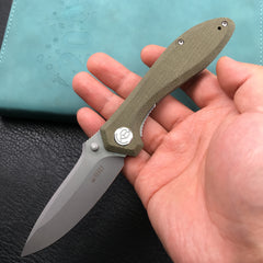 KUBEY KU314E Ruckus Liner Lock Folding Knife Green Micarta Handle 3.31" Blasted Stonewashed AUS-10