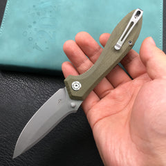 KUBEY KU314E Ruckus Liner Lock Folding Knife Green Micarta Handle 3.31" Blasted Stonewashed AUS-10